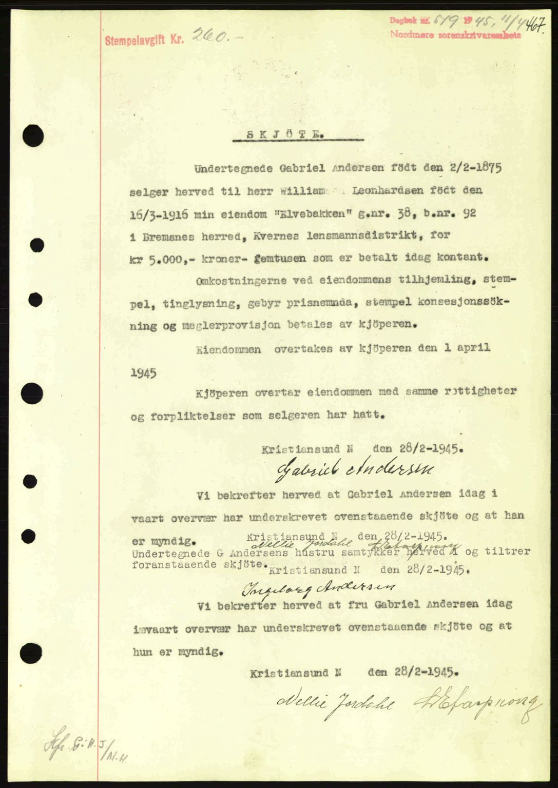 Nordmøre sorenskriveri, SAT/A-4132/1/2/2Ca: Pantebok nr. A99, 1945-1945, Dagboknr: 519/1945