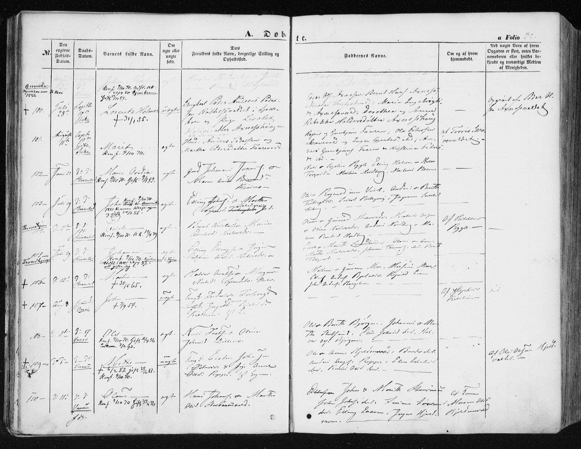 Ministerialprotokoller, klokkerbøker og fødselsregistre - Nord-Trøndelag, AV/SAT-A-1458/723/L0240: Ministerialbok nr. 723A09, 1852-1860, s. 36