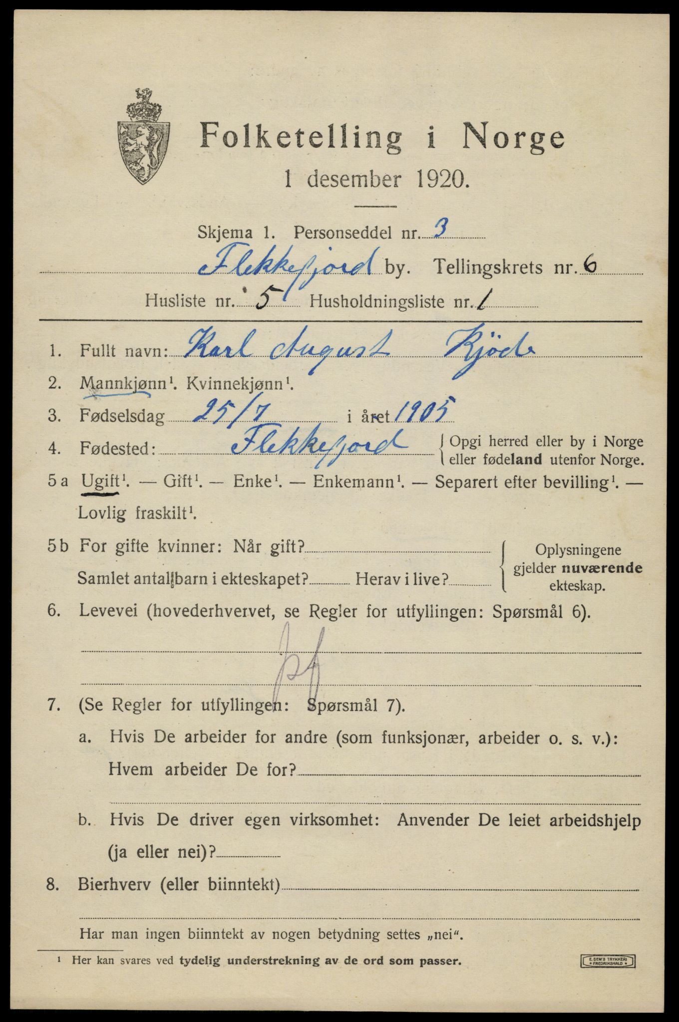 SAK, Folketelling 1920 for 1004 Flekkefjord kjøpstad, 1920, s. 5806