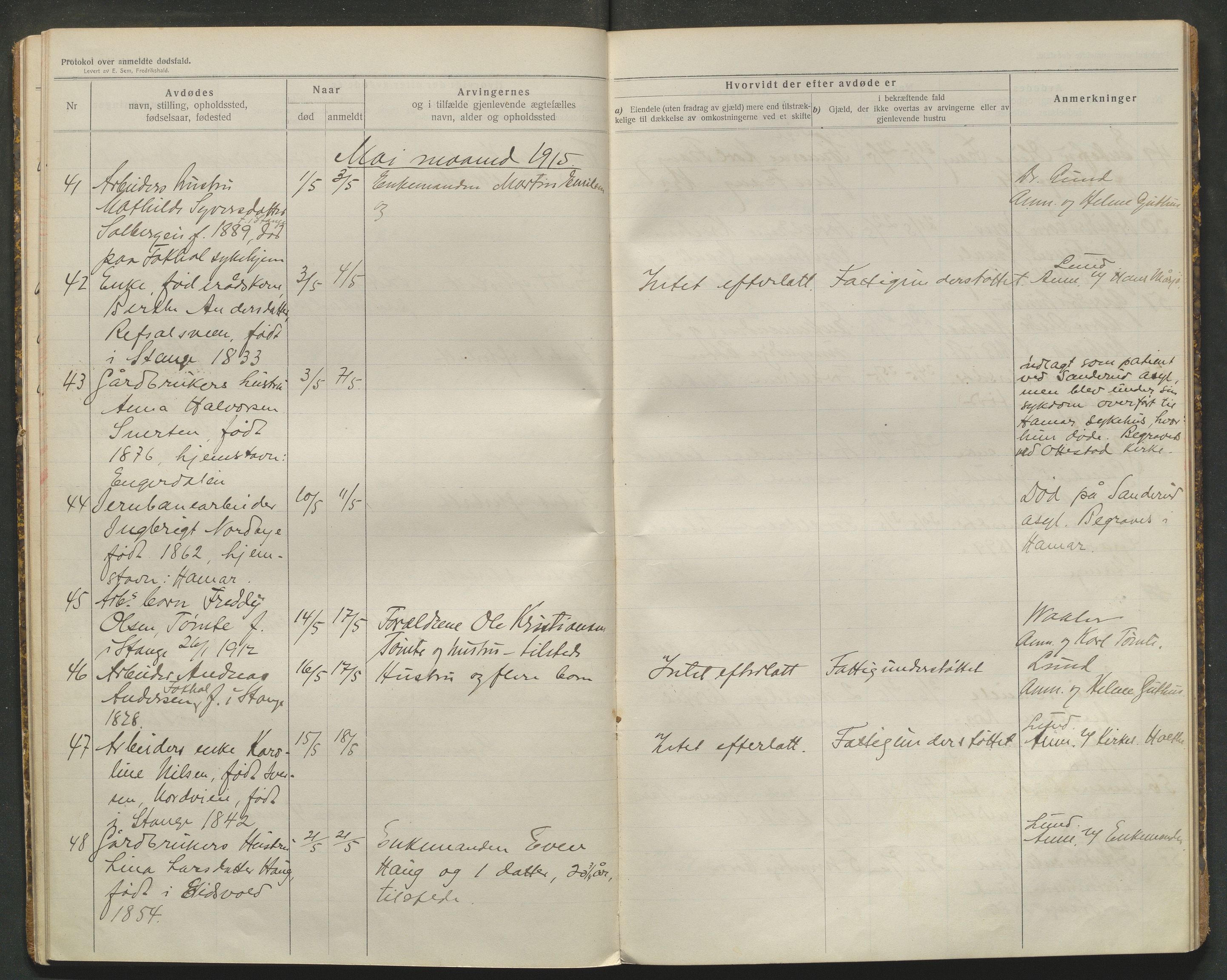 Stange lensmannskontor, AV/SAH-LHS-020/H/Ha/Haa/L0001/0002: Dødsfallsprotokoller / Dødsfallsprotokoll, 1914-1918