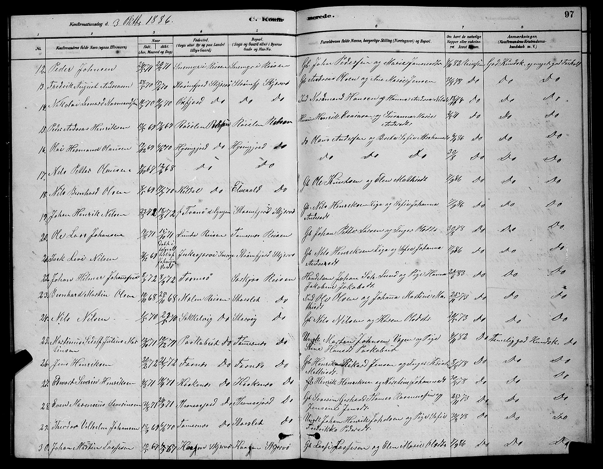 Skjervøy sokneprestkontor, AV/SATØ-S-1300/H/Ha/Hab/L0020klokker: Klokkerbok nr. 20, 1878-1892, s. 97