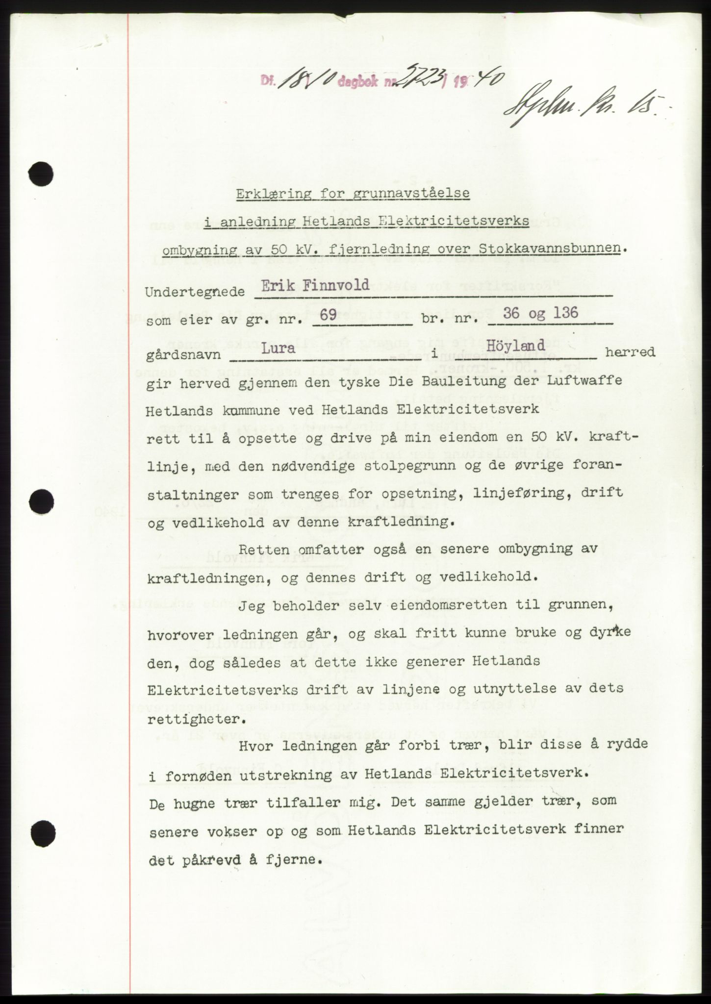 Jæren sorenskriveri, SAST/A-100310/03/G/Gba/L0078: Pantebok, 1940-1940, Dagboknr: 2723/1940