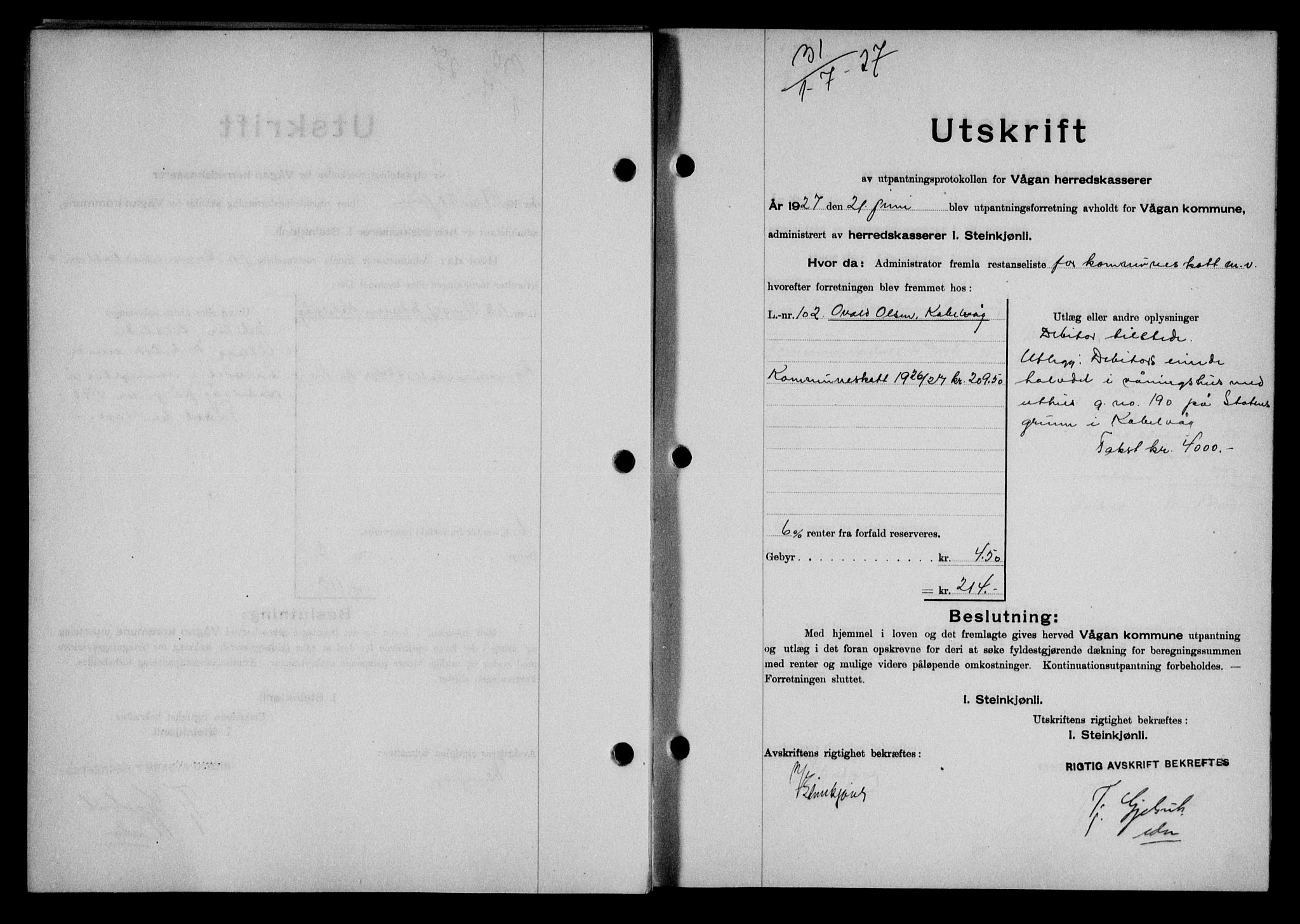 Lofoten sorenskriveri, AV/SAT-A-0017/1/2/2C/L0015b: Pantebok nr. 15b, 1927-1927, Tingl.dato: 01.07.1927