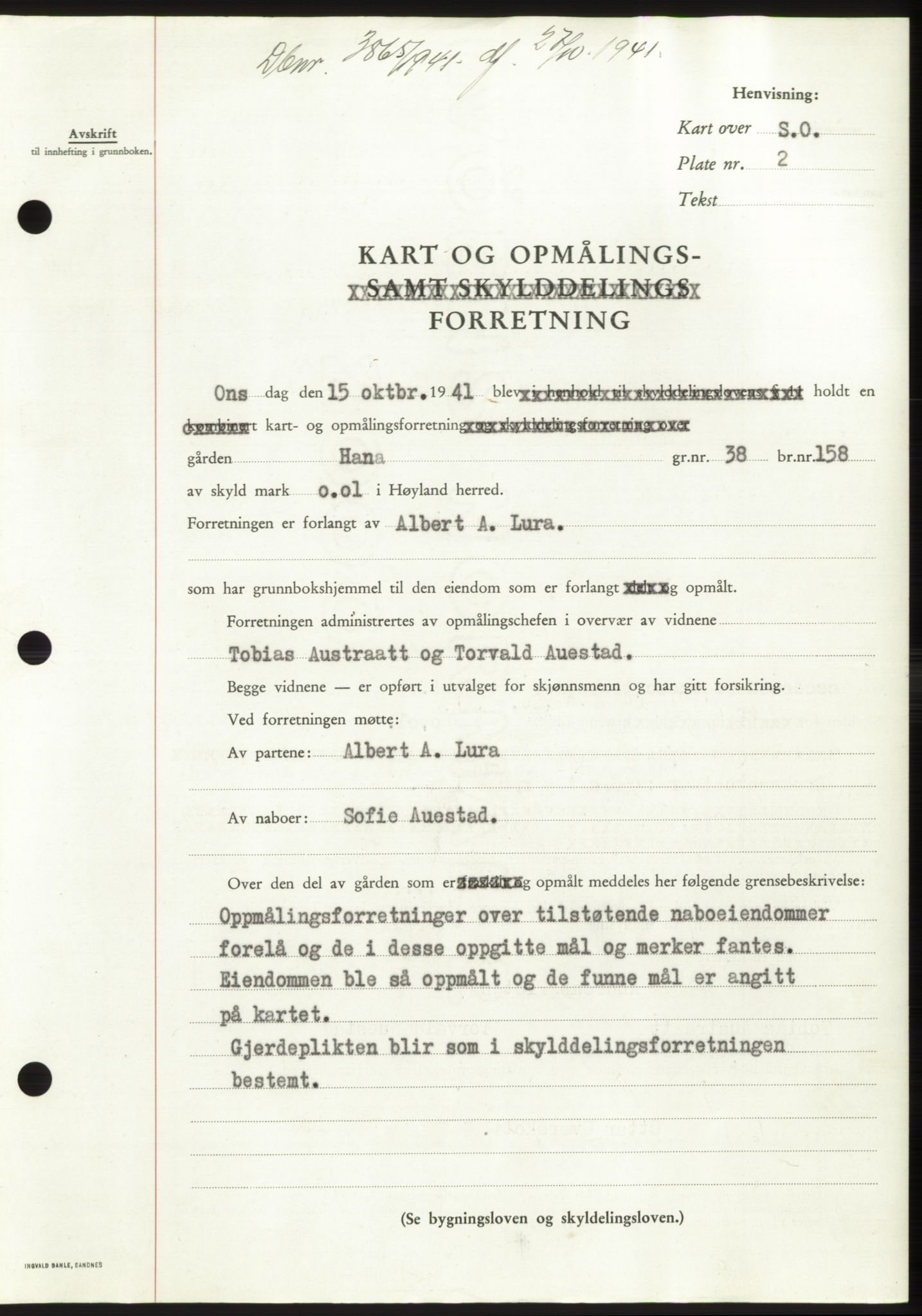 Jæren sorenskriveri, SAST/A-100310/03/G/Gba/L0081: Pantebok, 1941-1941, Dagboknr: 3865/1941