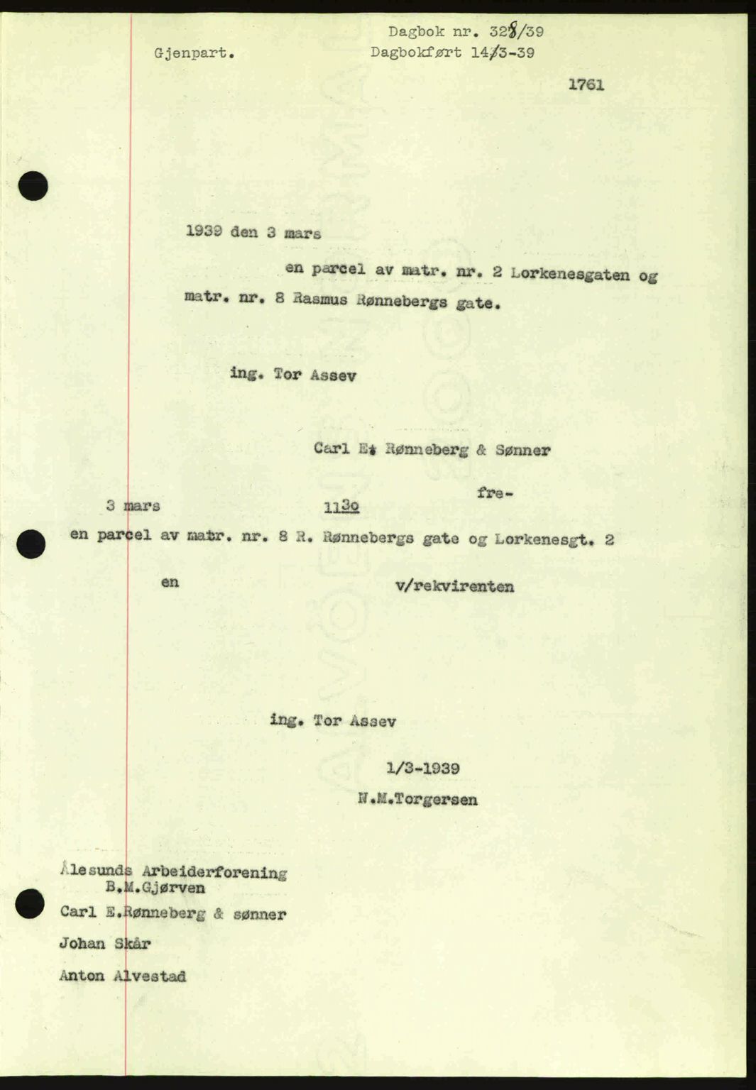 Ålesund byfogd, AV/SAT-A-4384: Pantebok nr. 34 II, 1938-1940, Dagboknr: 328/1939