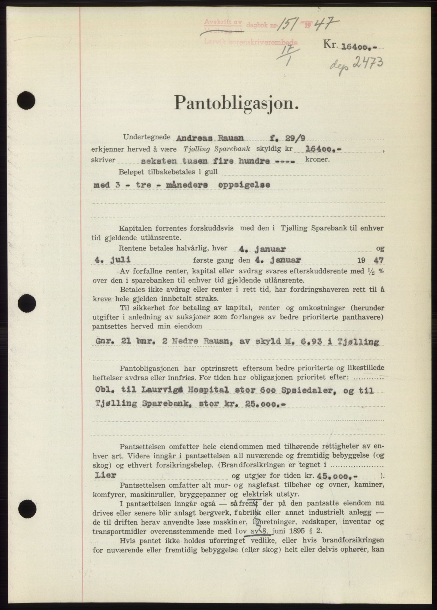 Larvik sorenskriveri, AV/SAKO-A-83/G/Ga/Gac/L0011: Pantebok nr. B-11, 1946-1947, Dagboknr: 151/1947