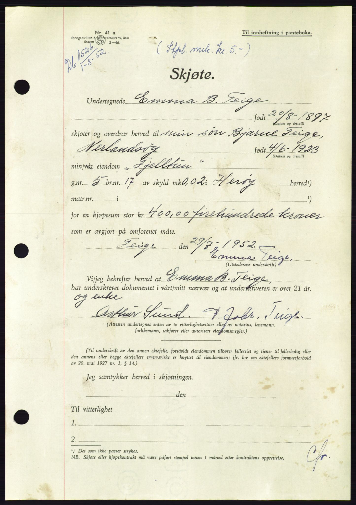 Søre Sunnmøre sorenskriveri, AV/SAT-A-4122/1/2/2C/L0092: Pantebok nr. 18A, 1952-1952, Dagboknr: 1526/1952