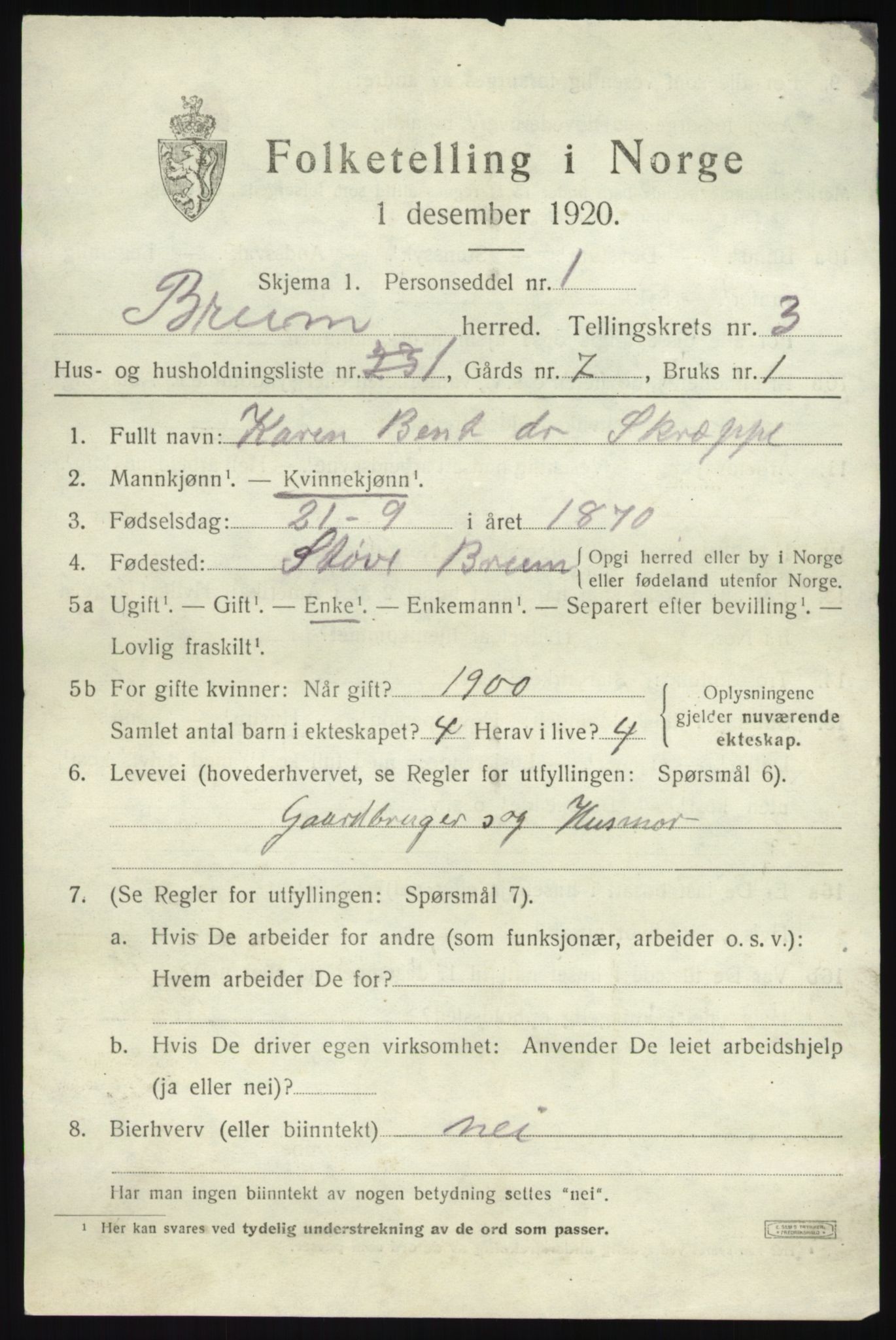 SAB, Folketelling 1920 for 1446 Breim herred, 1920, s. 1593