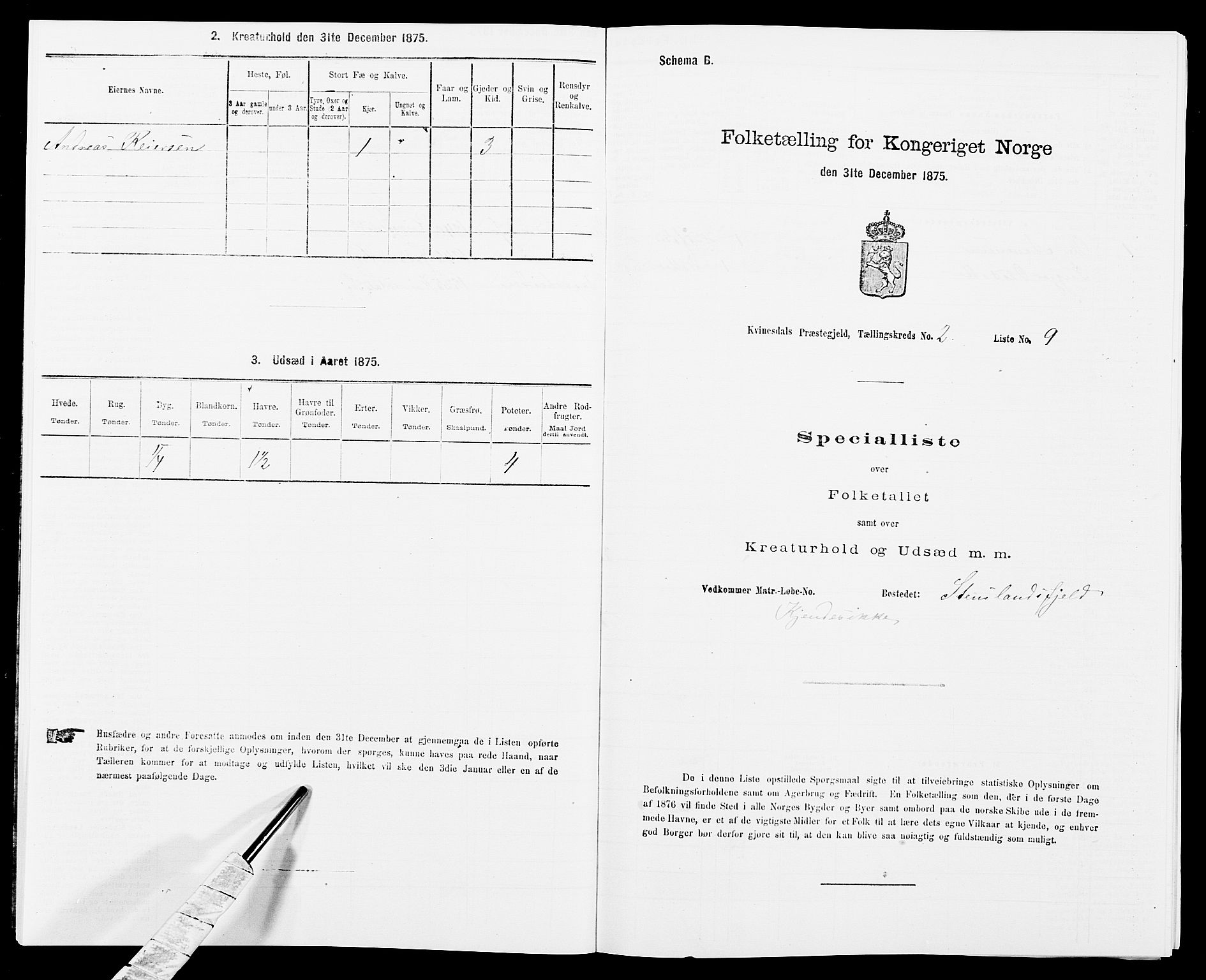 SAK, Folketelling 1875 for 1037P Kvinesdal prestegjeld, 1875, s. 289