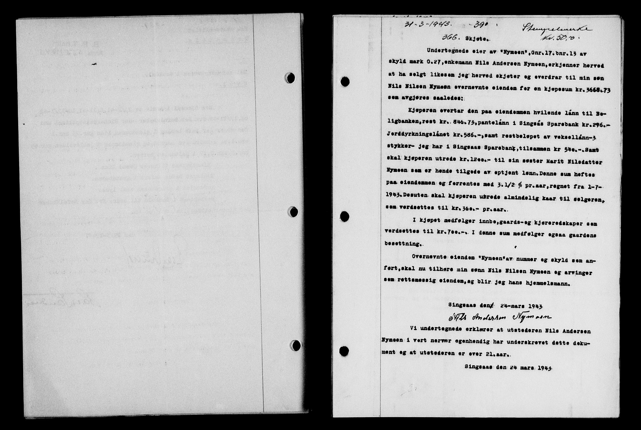 Gauldal sorenskriveri, SAT/A-0014/1/2/2C/L0056: Pantebok nr. 61, 1942-1943, Dagboknr: 366/1943