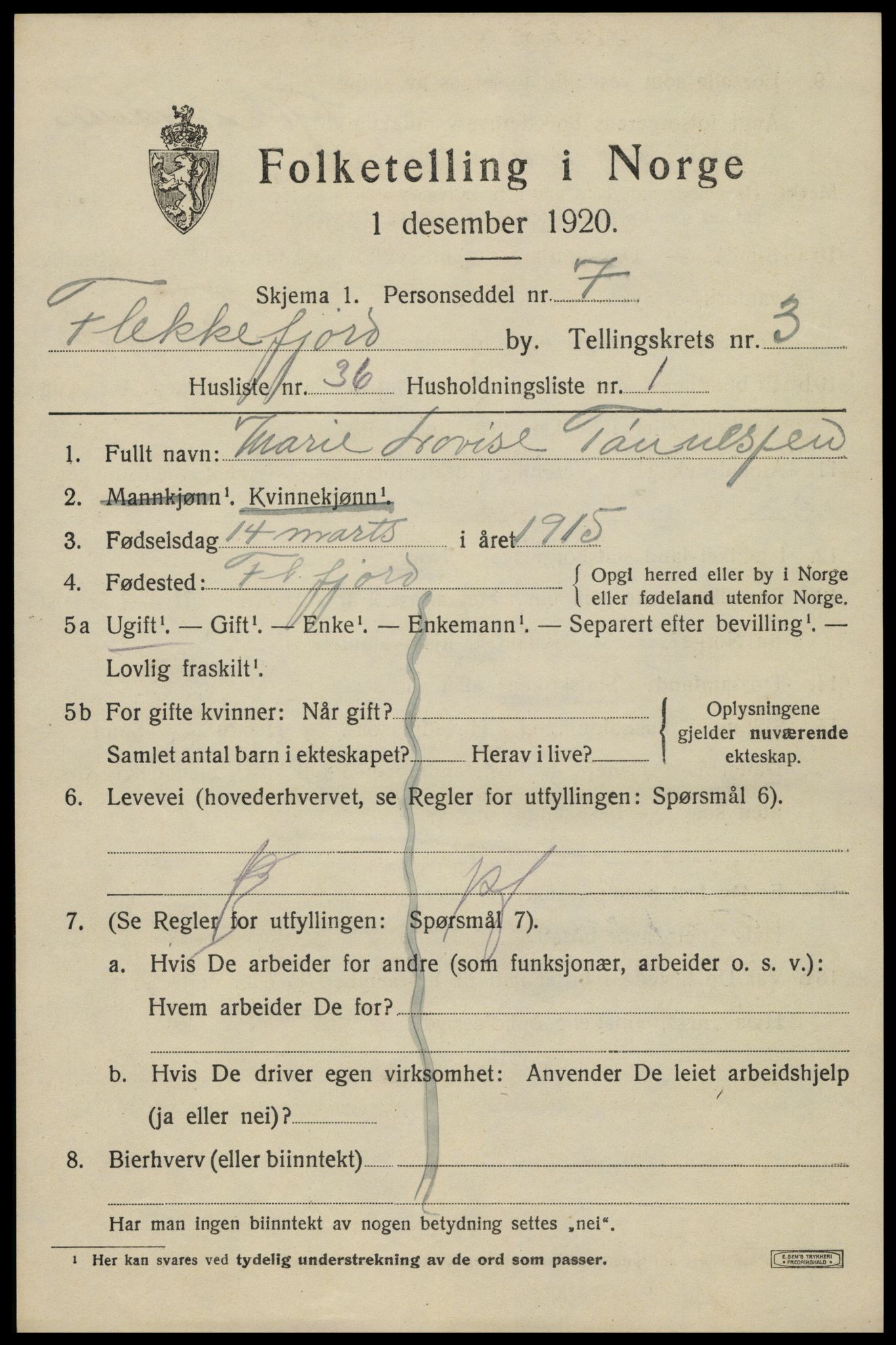 SAK, Folketelling 1920 for 1004 Flekkefjord kjøpstad, 1920, s. 3832
