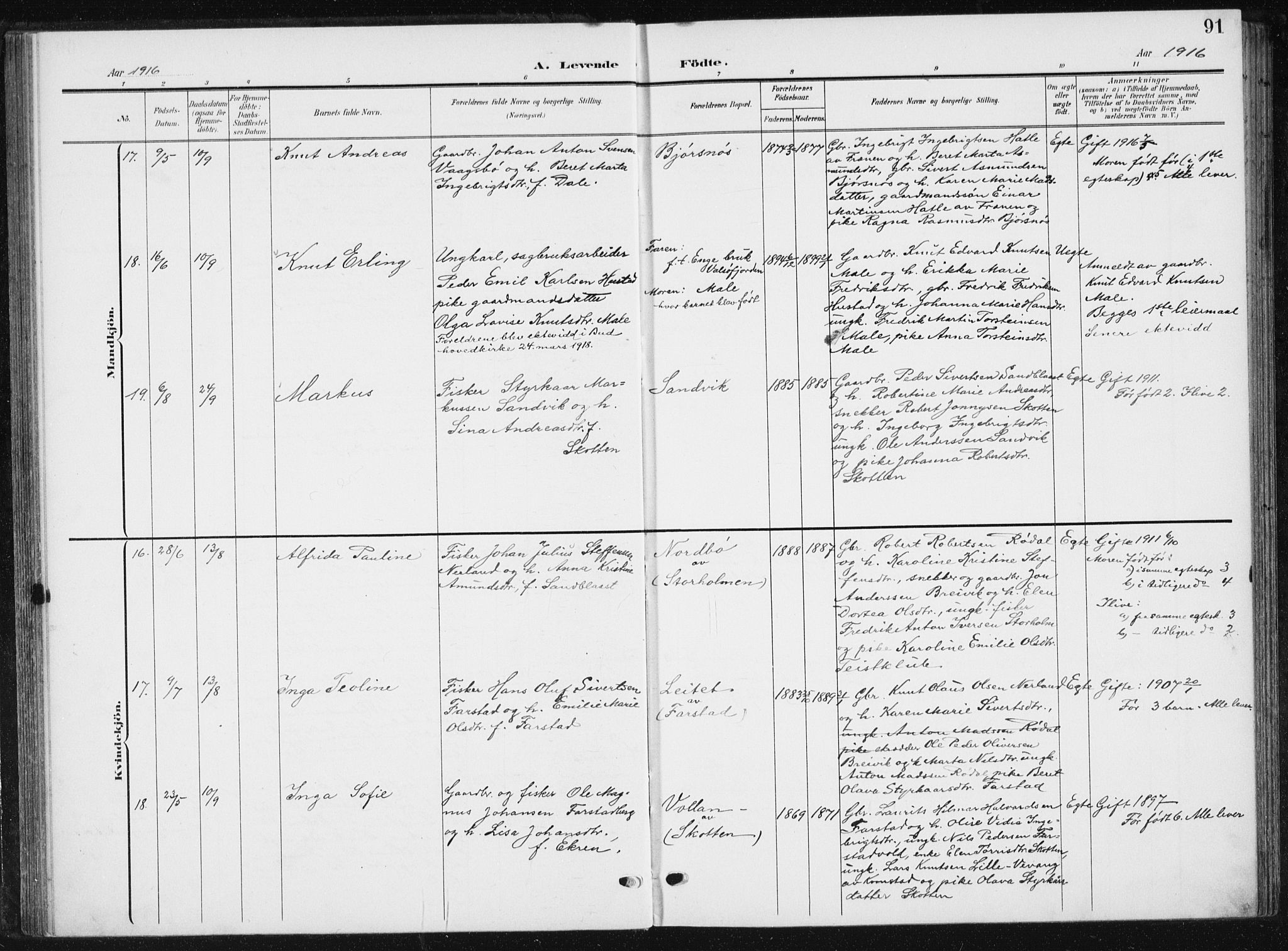 Ministerialprotokoller, klokkerbøker og fødselsregistre - Møre og Romsdal, AV/SAT-A-1454/567/L0784: Klokkerbok nr. 567C04, 1903-1938, s. 91