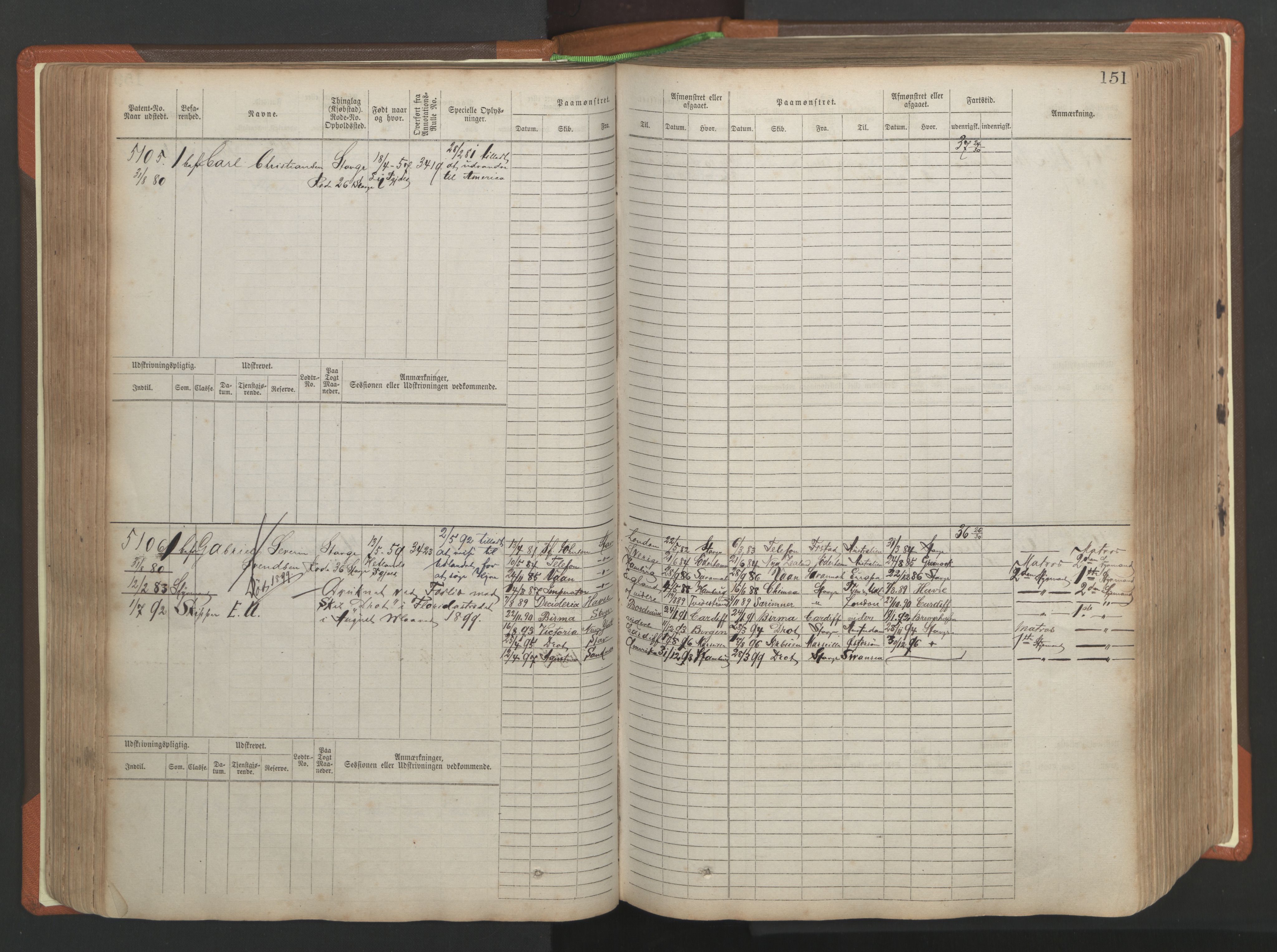 Stavanger sjømannskontor, AV/SAST-A-102006/F/Fb/Fbb/L0009: Sjøfartshovedrulle, patentnr. 4805-6006, 1879-1887, s. 157