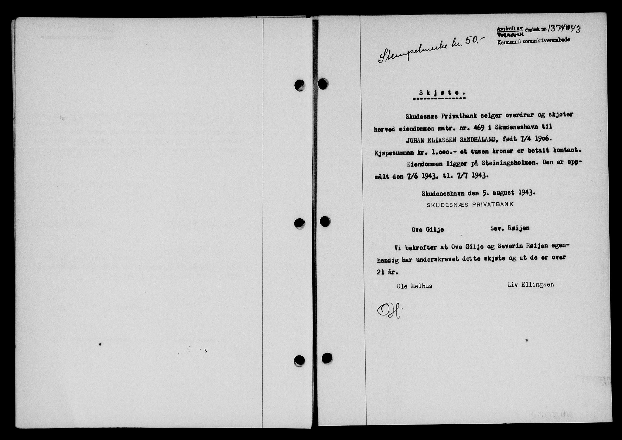 Karmsund sorenskriveri, SAST/A-100311/01/II/IIB/L0080: Pantebok nr. 61A, 1943-1943, Dagboknr: 1374/1943