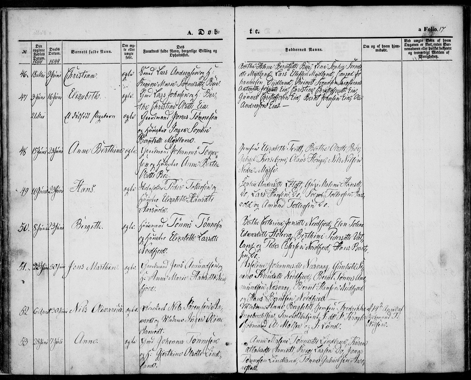 Sokndal sokneprestkontor, AV/SAST-A-101808: Ministerialbok nr. A 8.1, 1842-1857, s. 17