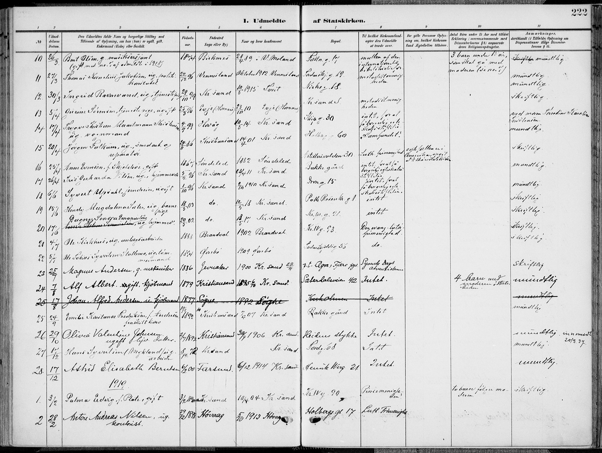 Kristiansand domprosti, AV/SAK-1112-0006/F/Fa/L0022: Ministerialbok nr. A 21, 1905-1916, s. 222