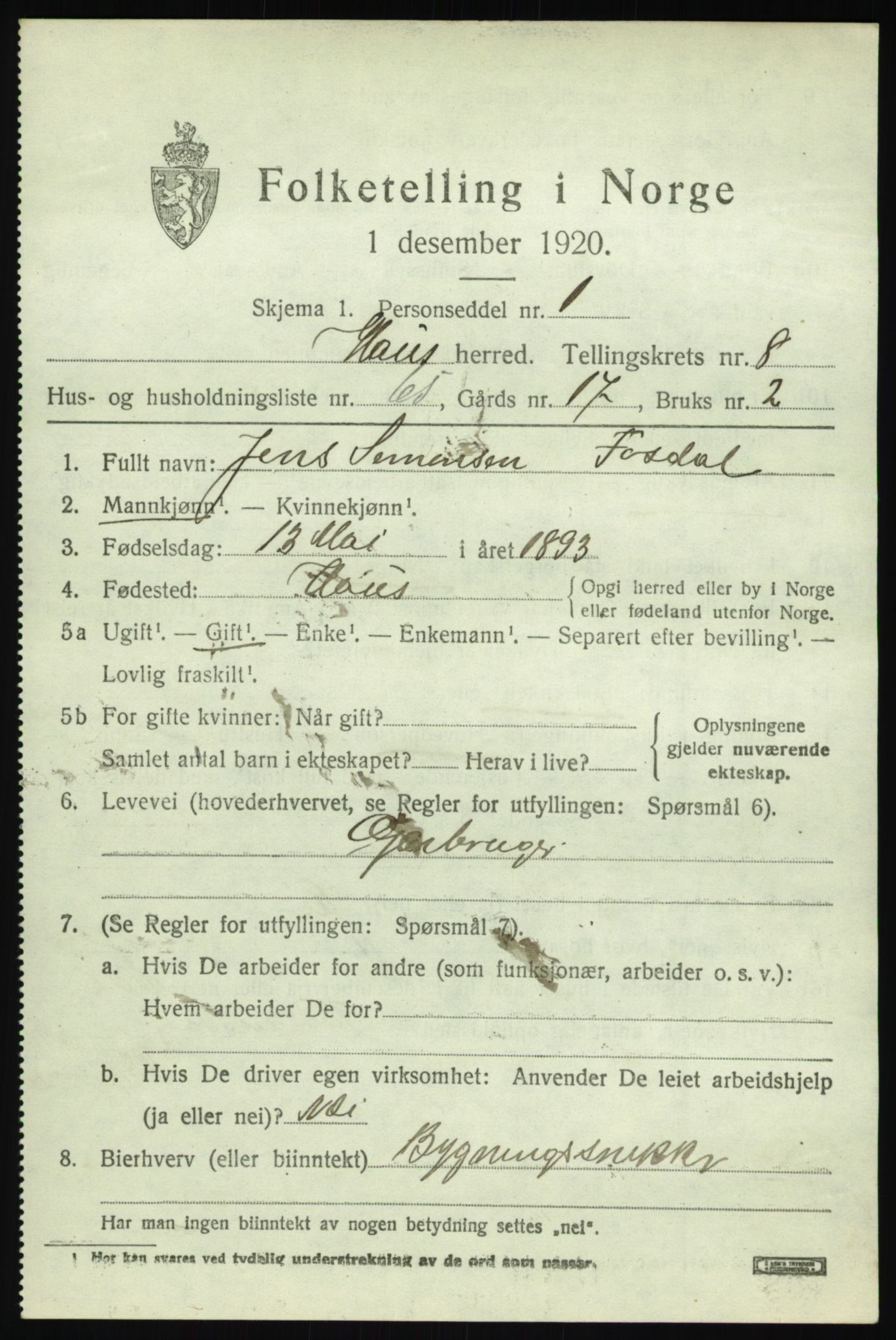 SAB, Folketelling 1920 for 1250 Haus herred, 1920, s. 5389