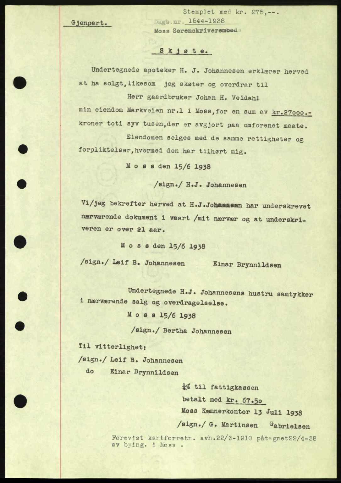 Moss sorenskriveri, SAO/A-10168: Pantebok nr. A4, 1938-1938, Dagboknr: 1544/1938