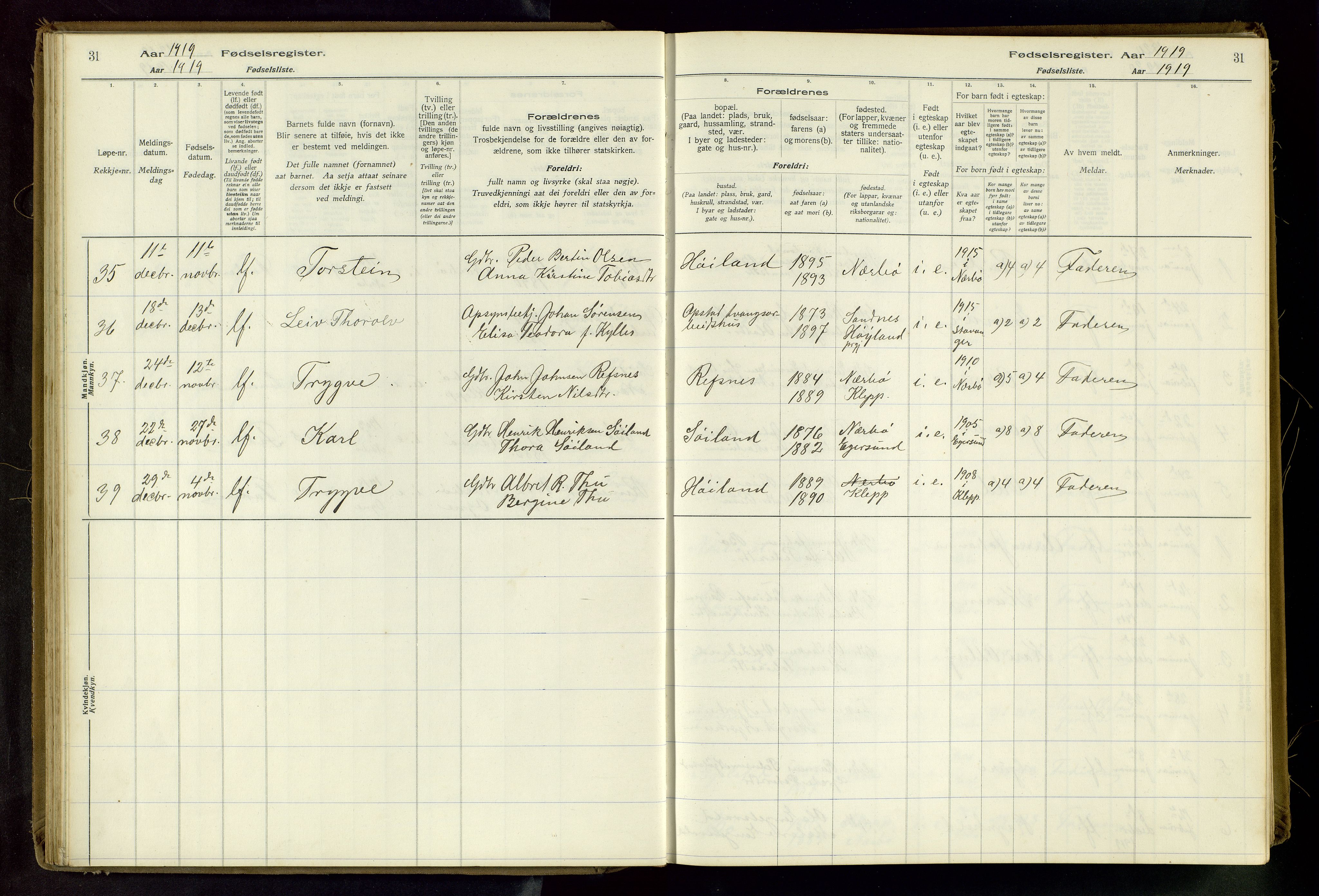 Hå sokneprestkontor, AV/SAST-A-101801/002/C/L0001: Fødselsregister nr. 1, 1916-1945, s. 31