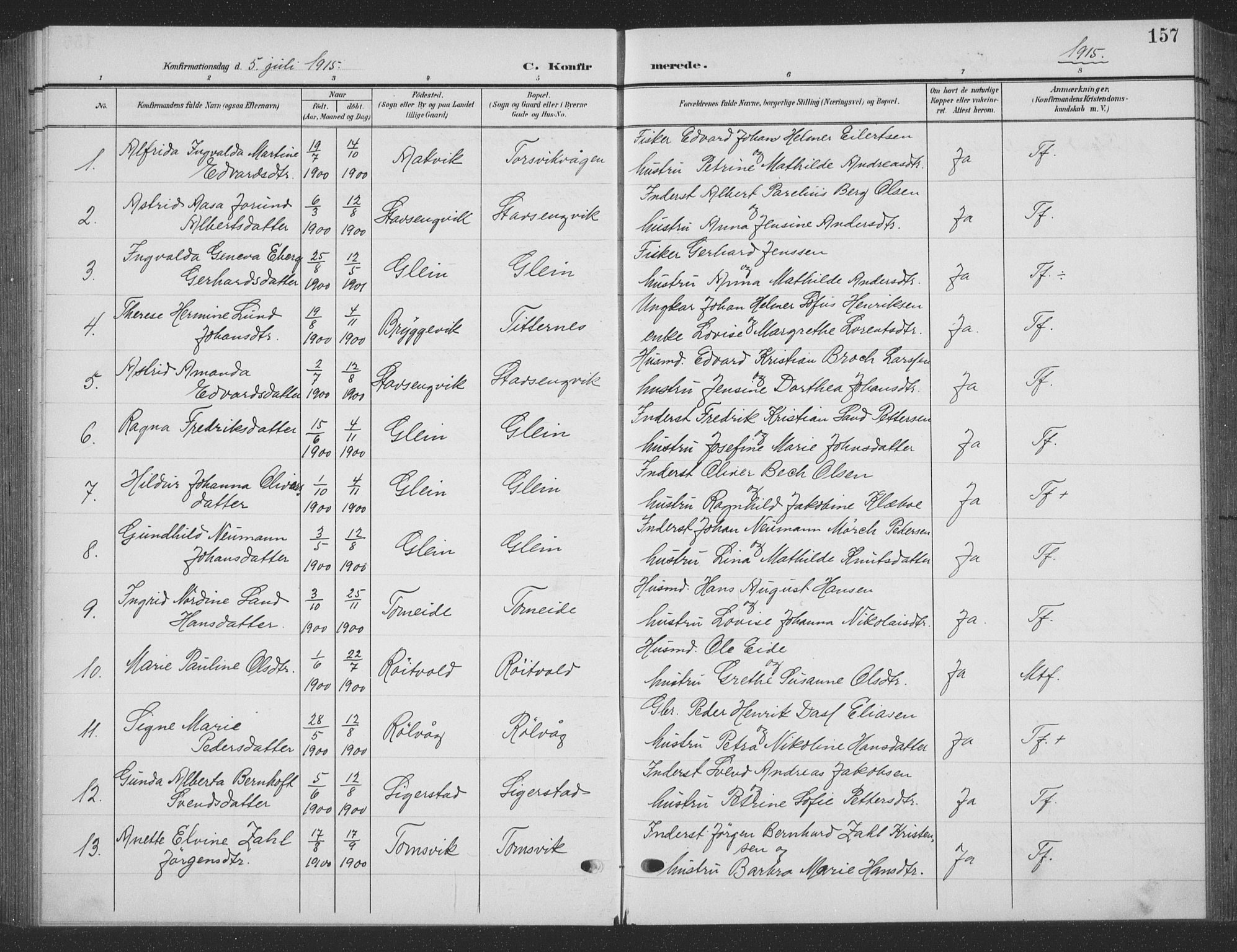 Ministerialprotokoller, klokkerbøker og fødselsregistre - Nordland, AV/SAT-A-1459/835/L0533: Klokkerbok nr. 835C05, 1906-1939, s. 157