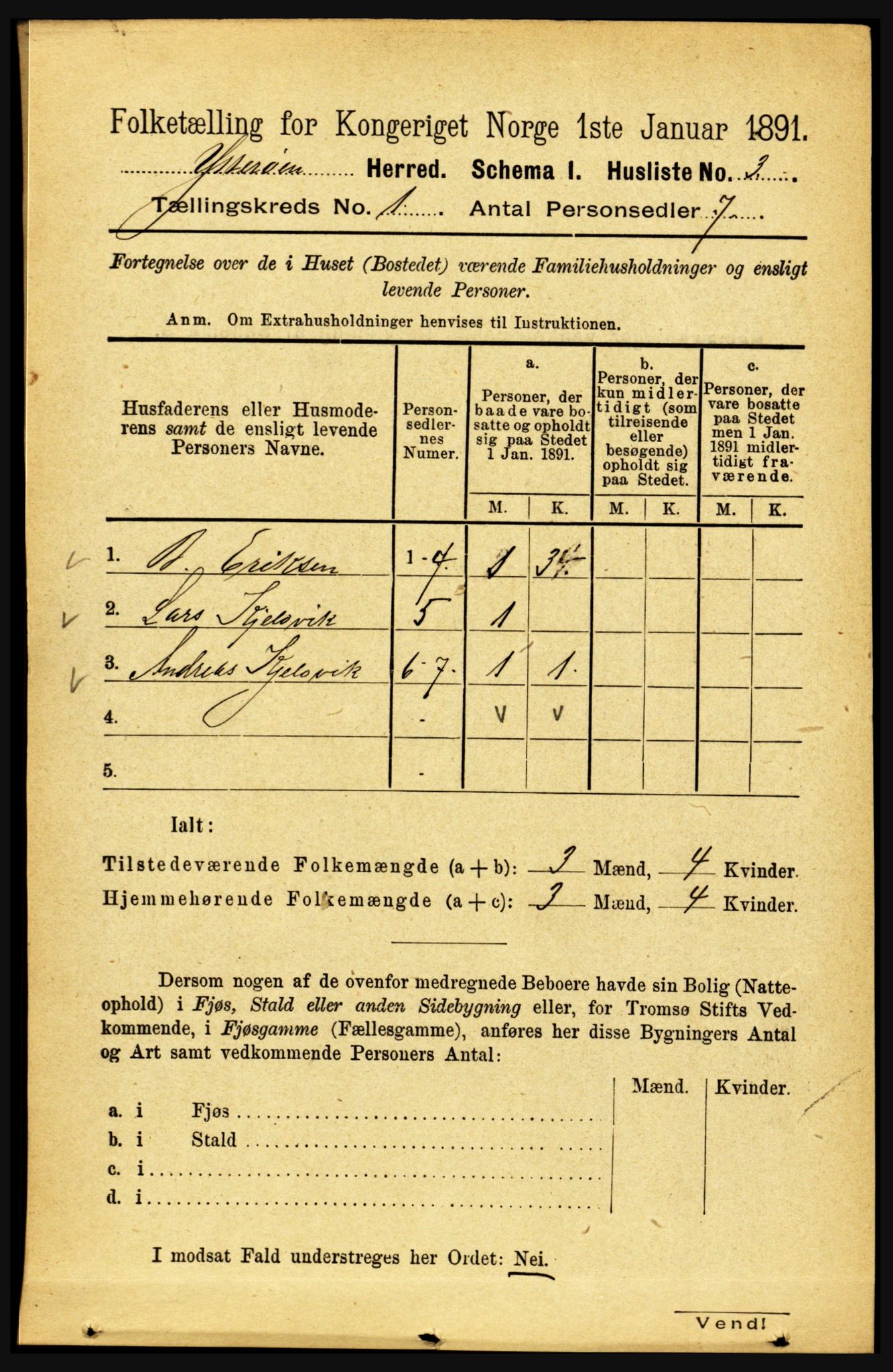 RA, Folketelling 1891 for 1722 Ytterøy herred, 1891, s. 15