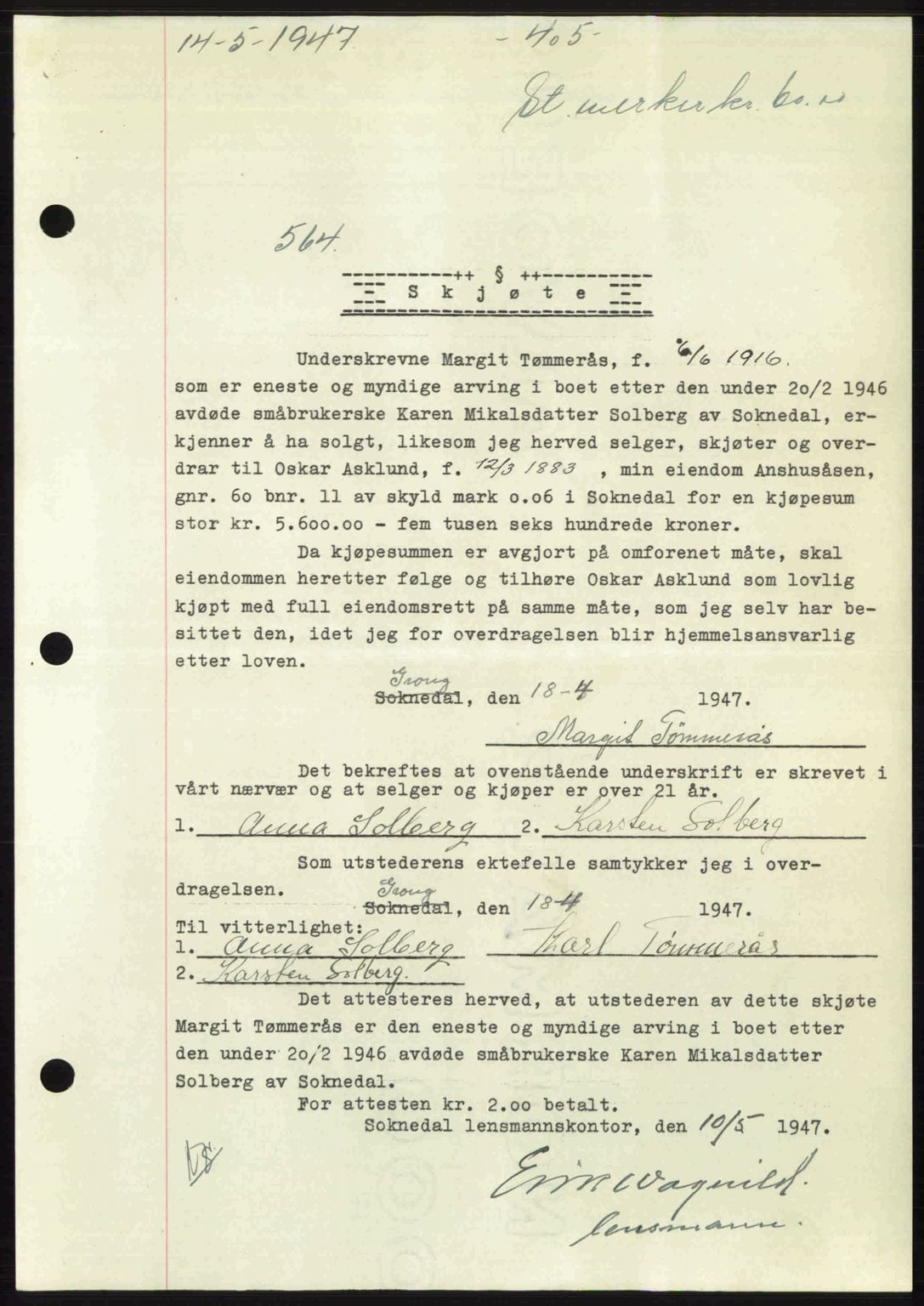 Gauldal sorenskriveri, SAT/A-0014/1/2/2C: Pantebok nr. A3, 1947-1947, Dagboknr: 564/1947