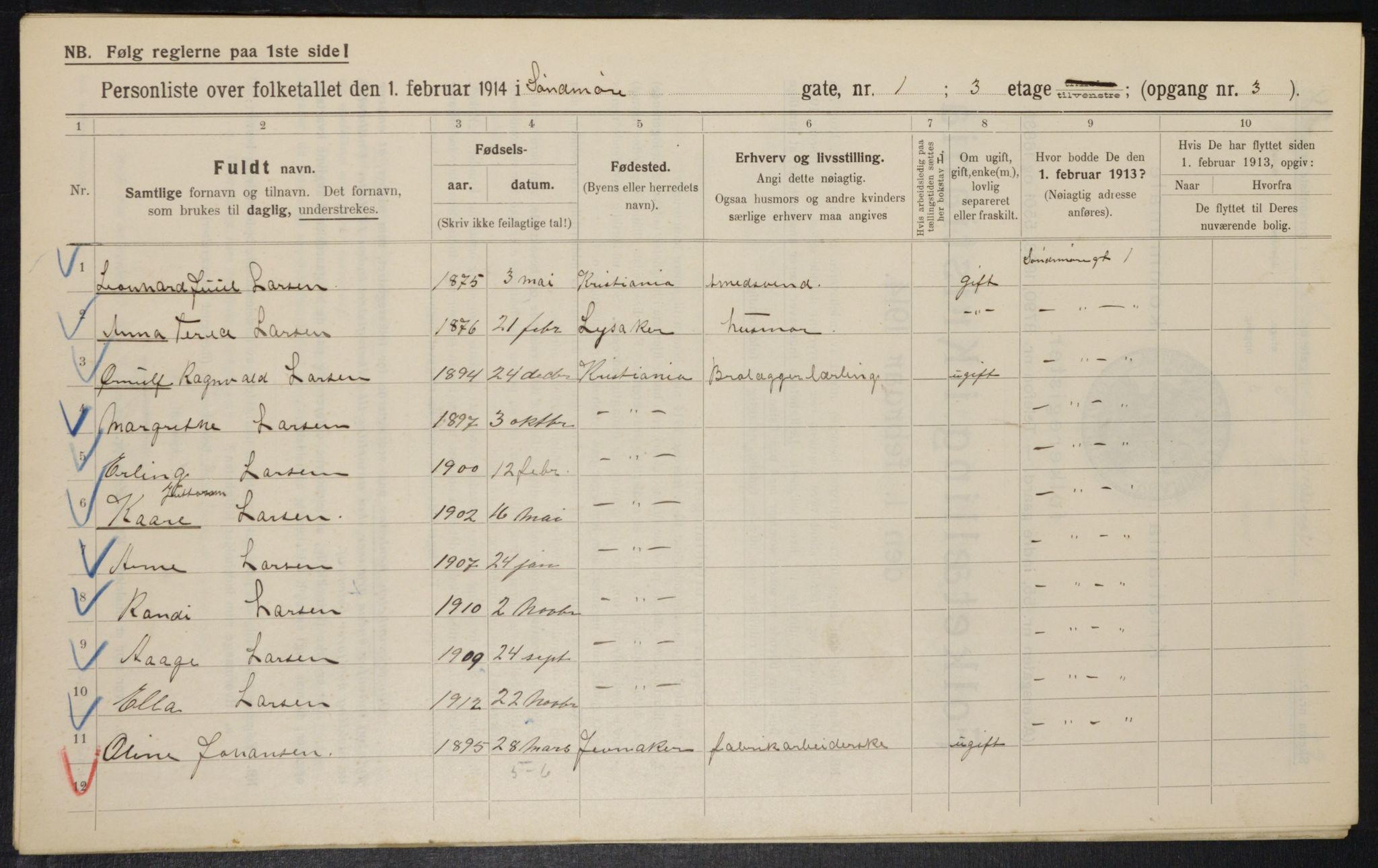 OBA, Kommunal folketelling 1.2.1914 for Kristiania, 1914, s. 105374