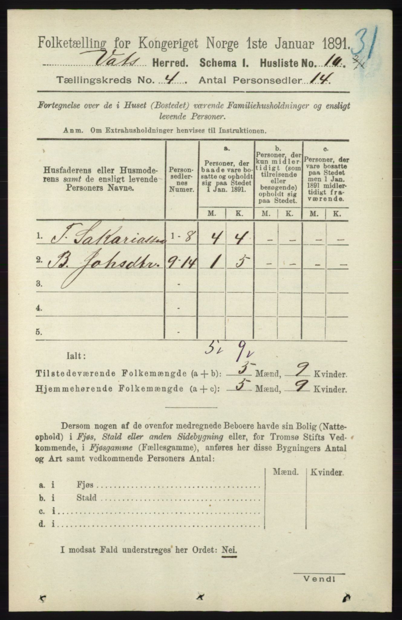 RA, Folketelling 1891 for 1155 Vats herred, 1891, s. 600