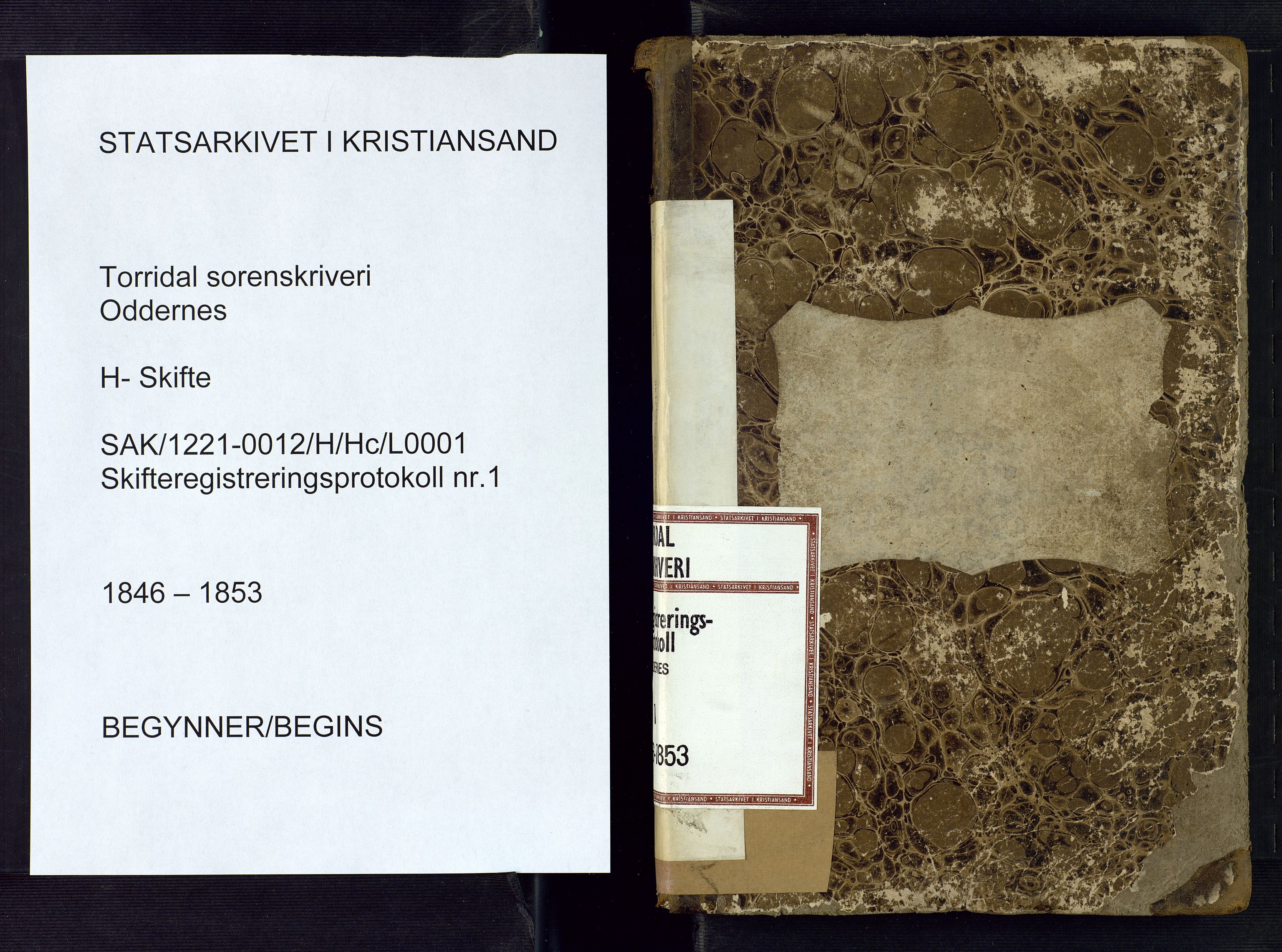 Torridal sorenskriveri, SAK/1221-0012/H/Hc/L0001: Skifteregistreringsprotokoll Oddernes nr. 1, 1846-1853