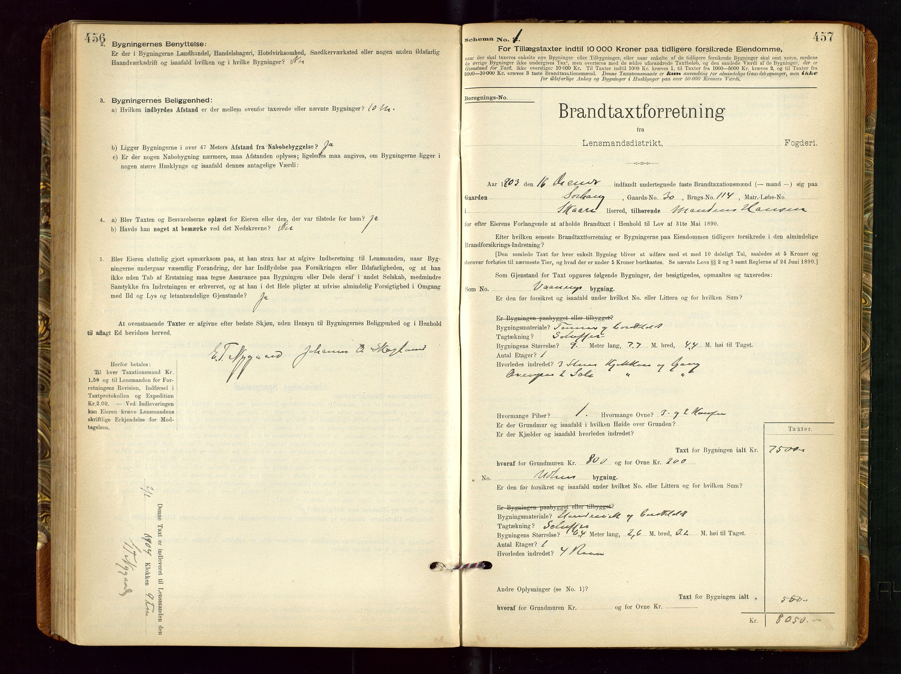 Torvestad lensmannskontor, SAST/A-100307/1/Gob/L0002: "Brandtakstprotokol for Lensmanden i Torvestad", 1900-1905, s. 456-457