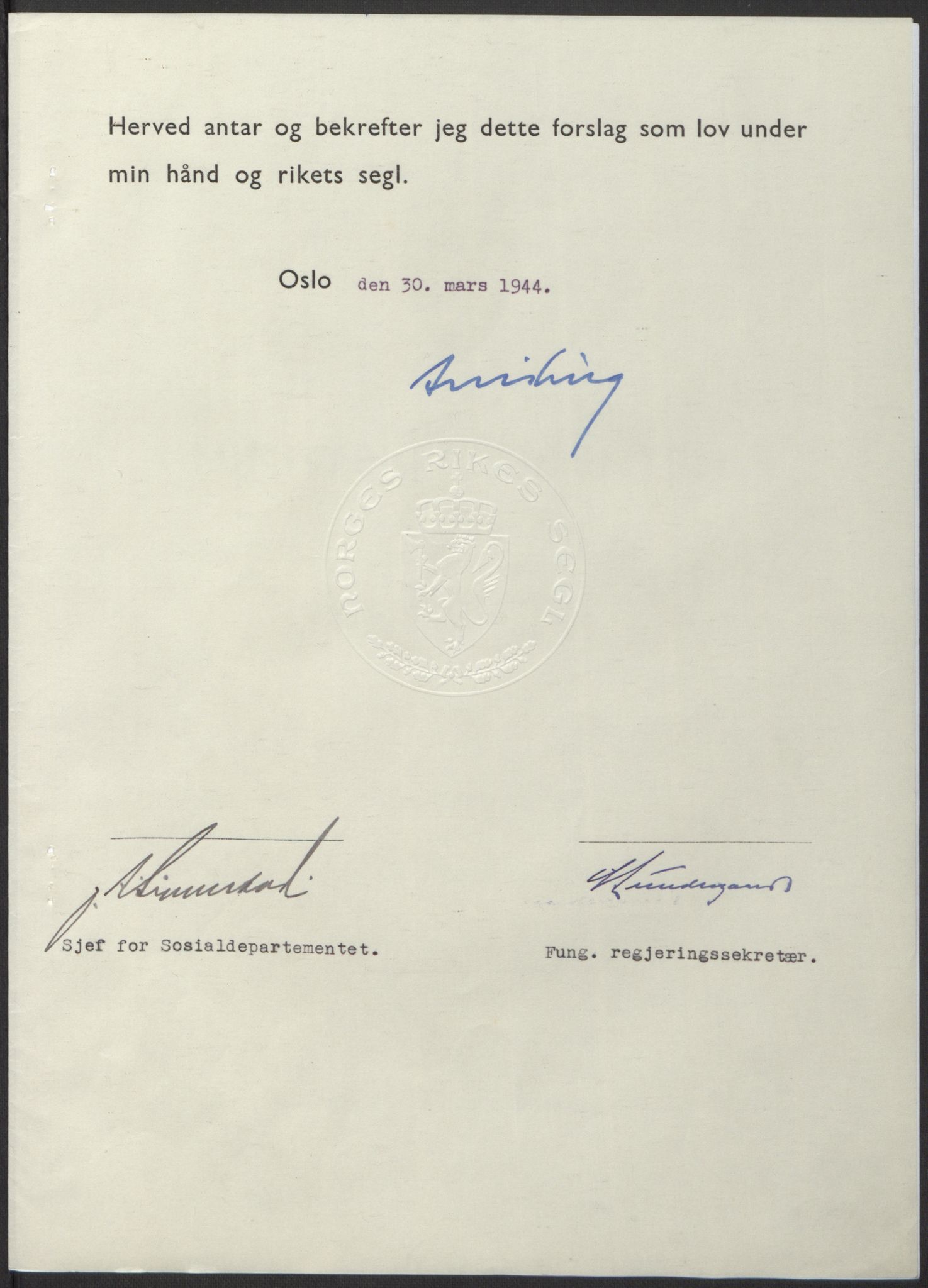 NS-administrasjonen 1940-1945 (Statsrådsekretariatet, de kommisariske statsråder mm), RA/S-4279/D/Db/L0100: Lover, 1944, s. 163