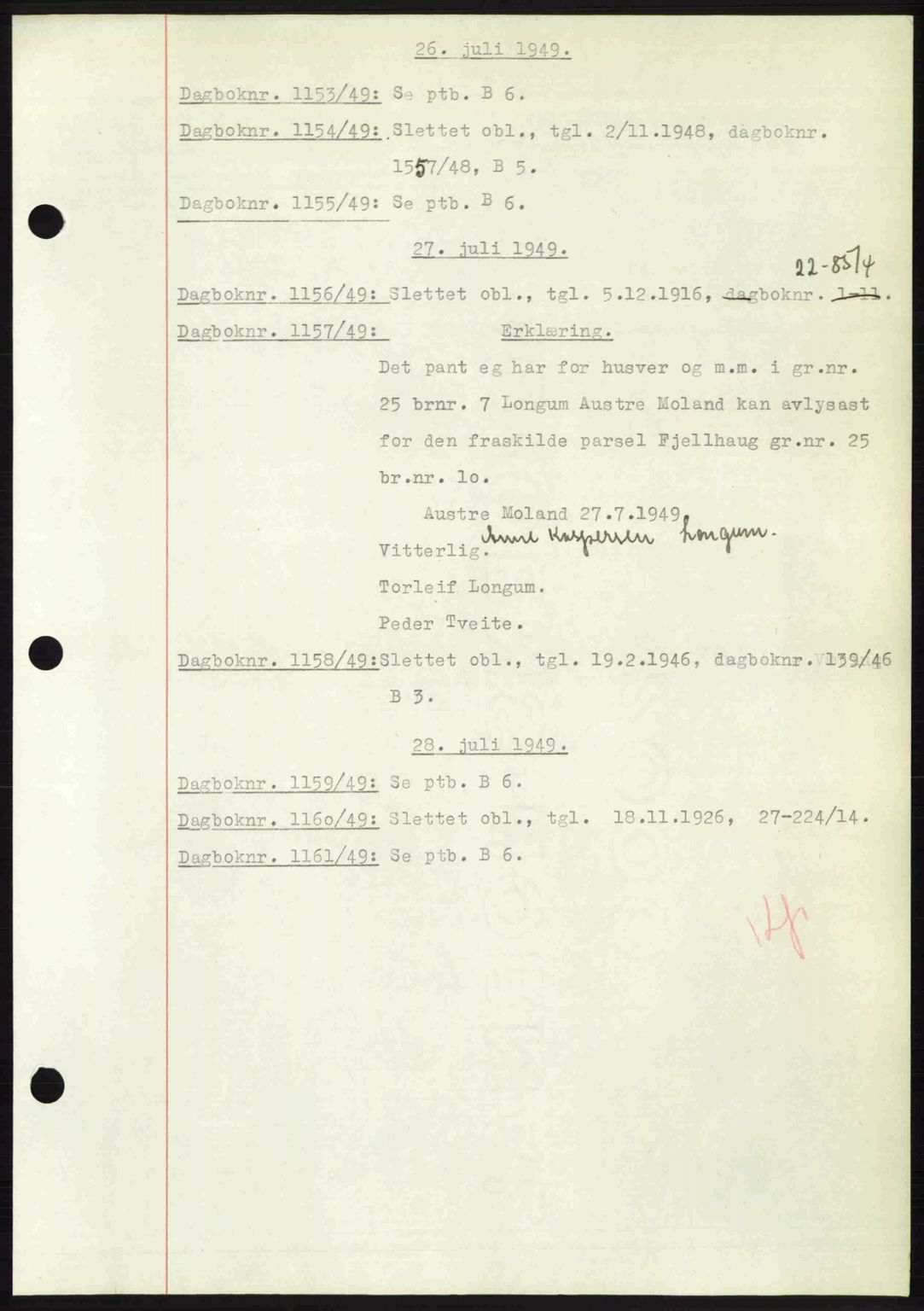 Nedenes sorenskriveri, AV/SAK-1221-0006/G/Gb/Gba/L0061: Pantebok nr. A13, 1949-1949, Dagboknr: 1153/1949