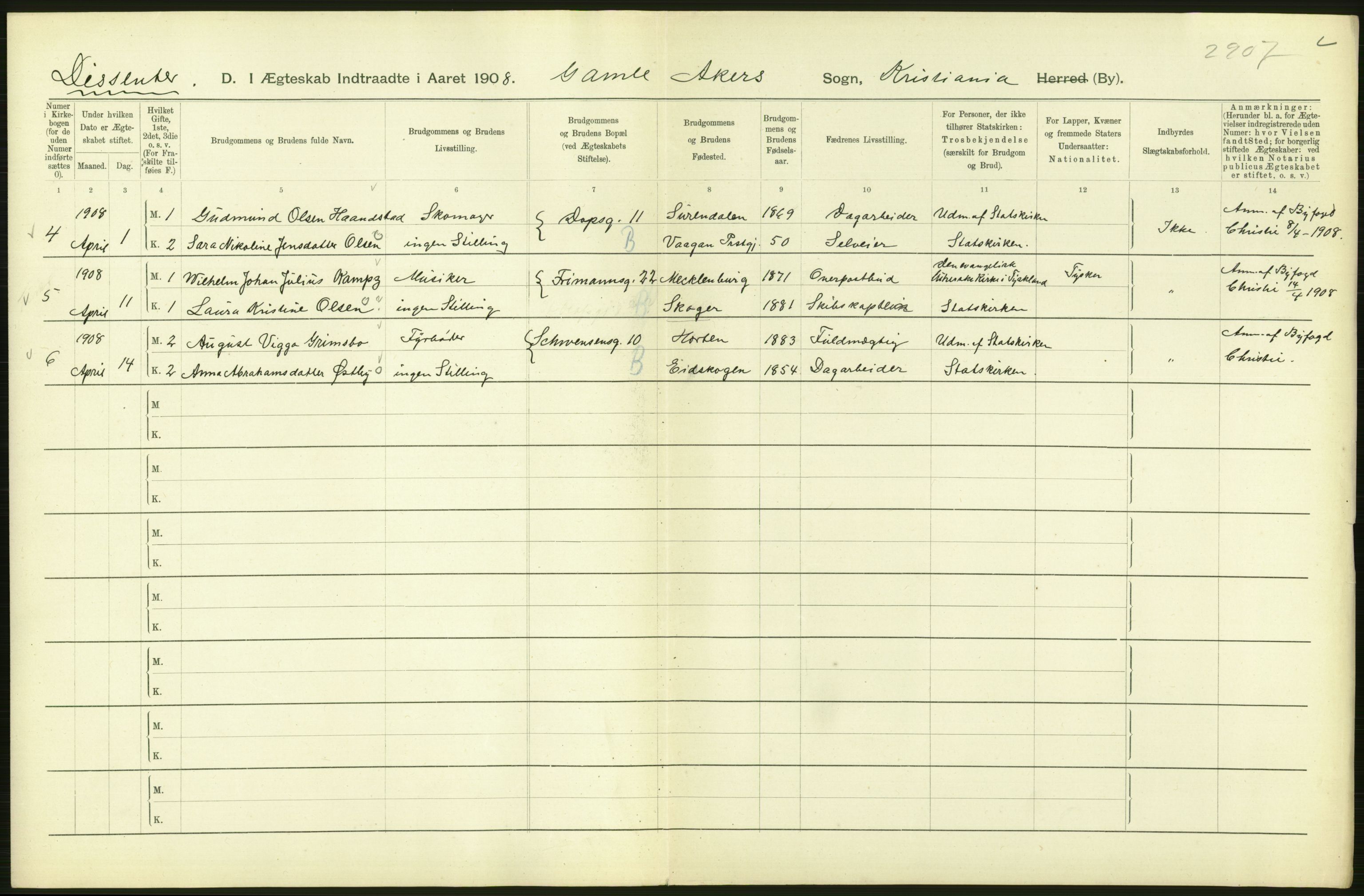 Statistisk sentralbyrå, Sosiodemografiske emner, Befolkning, AV/RA-S-2228/D/Df/Dfa/Dfaf/L0007: Kristiania: Gifte, 1908, s. 300