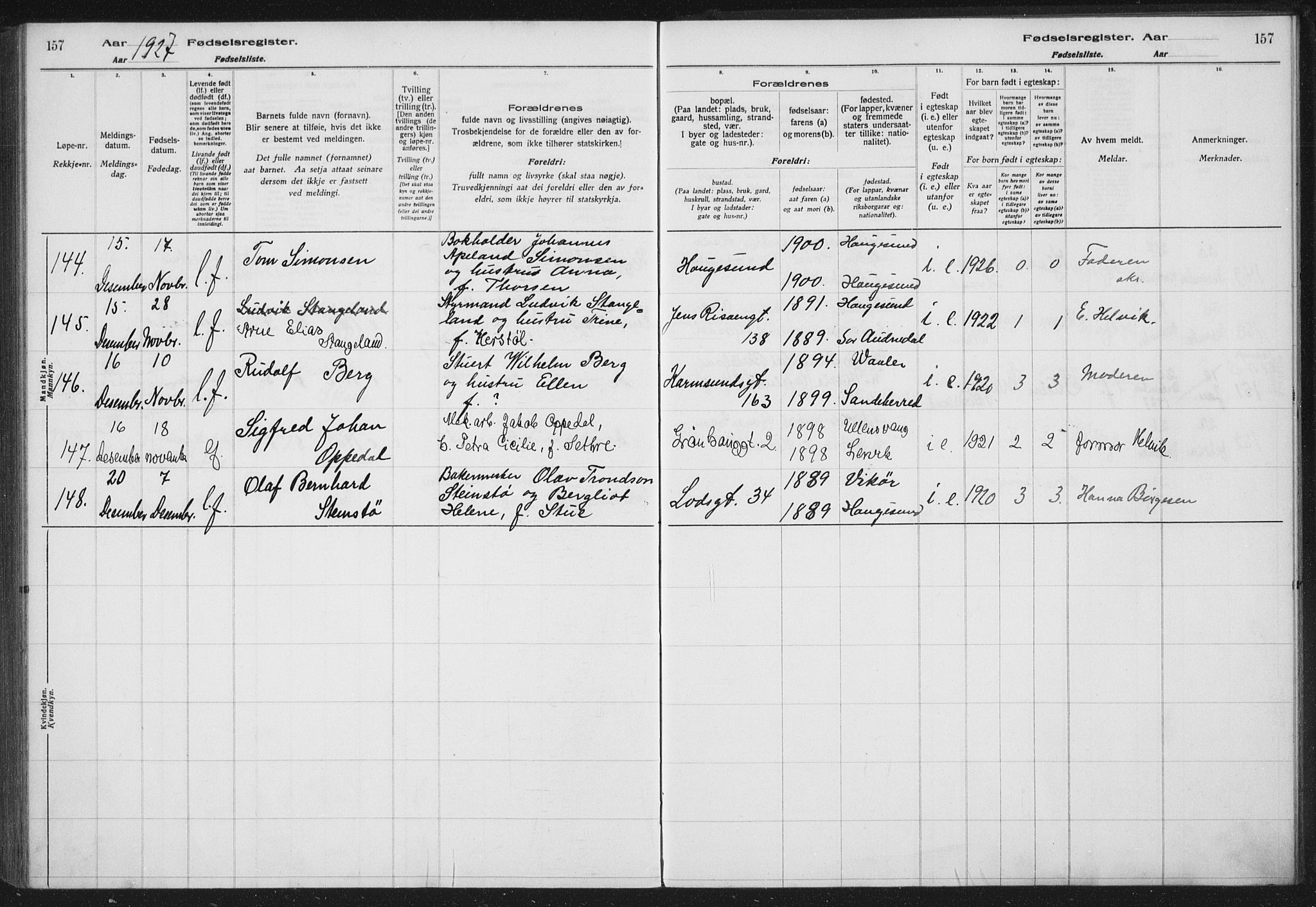Haugesund sokneprestkontor, AV/SAST-A -101863/I/Id/L0005: Fødselsregister nr. 3, 1923-1929, s. 157