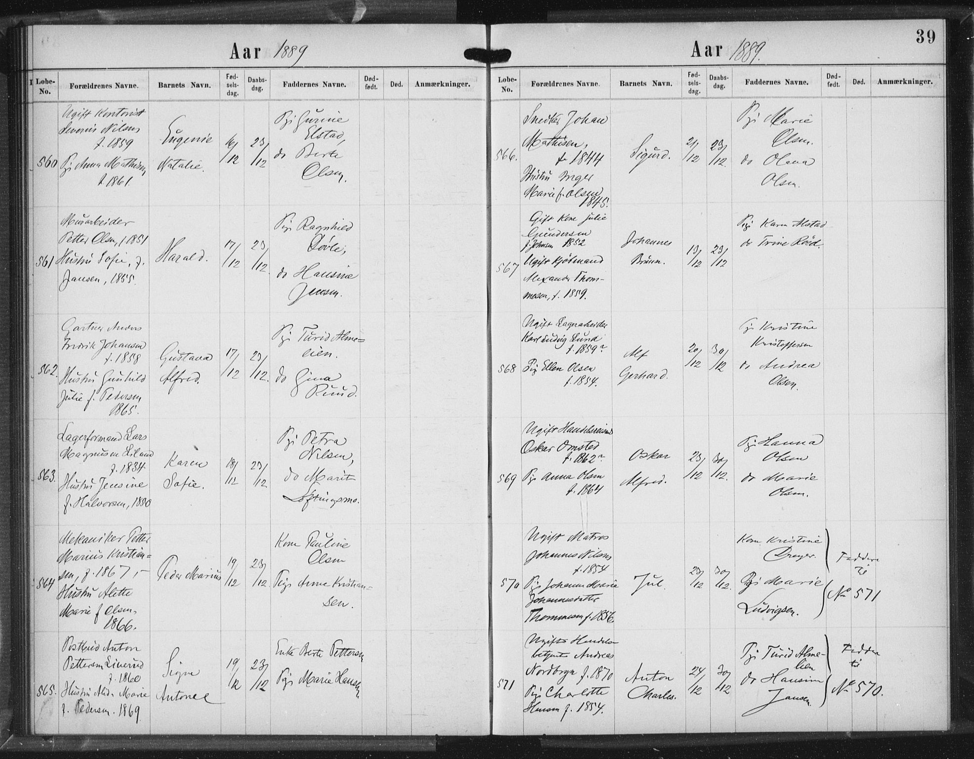 Rikshospitalet prestekontor Kirkebøker, AV/SAO-A-10309b/K/L0003/0003: Dåpsbok nr. 3.3, 1889-1892, s. 39