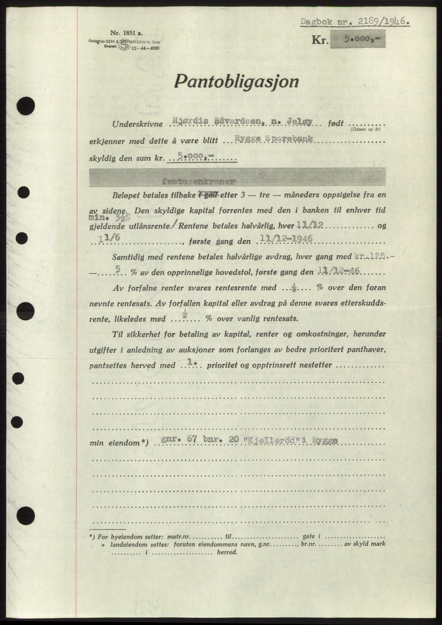 Moss sorenskriveri, SAO/A-10168: Pantebok nr. B15, 1946-1946, Dagboknr: 2189/1946