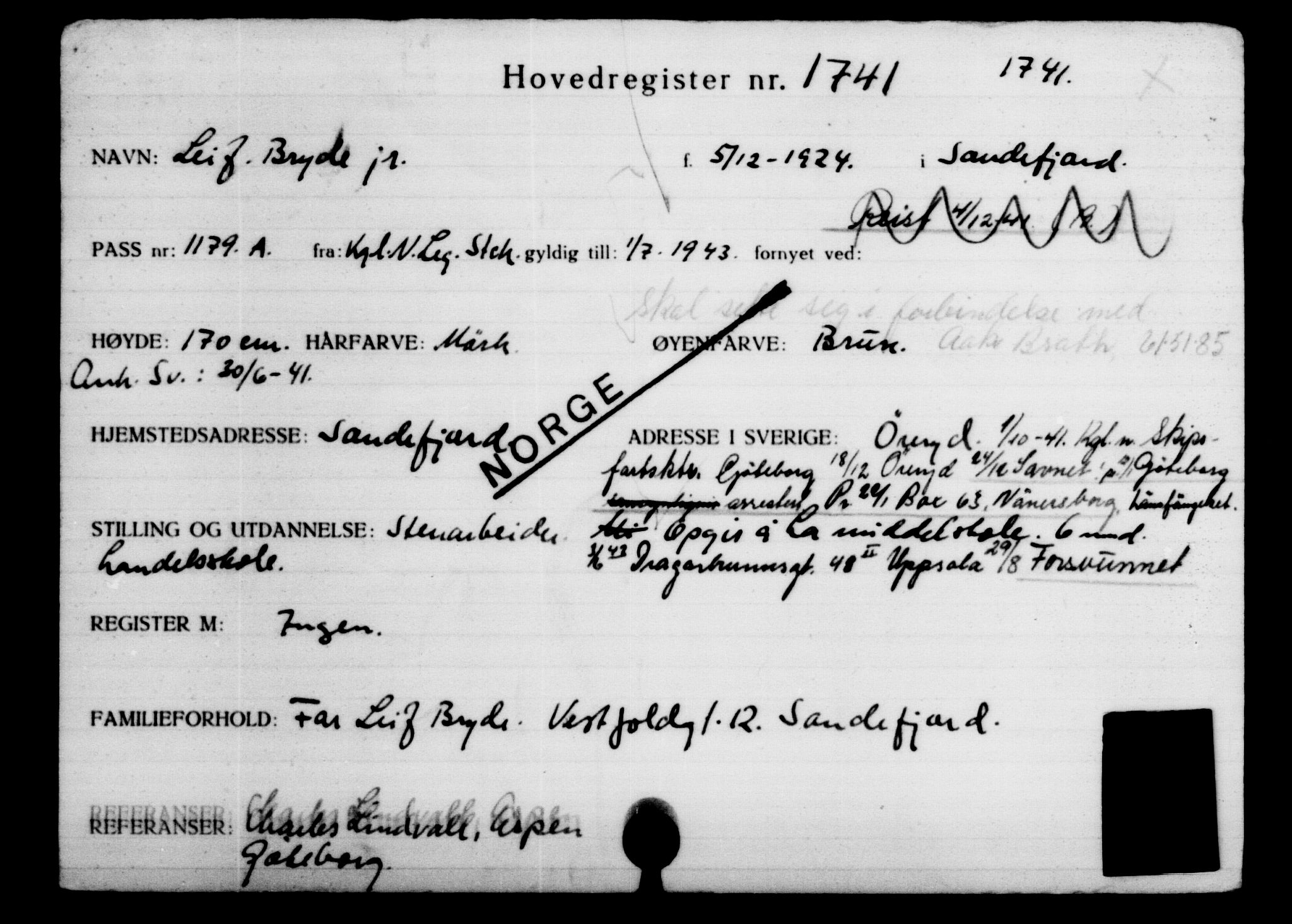 Utenriksstasjonene, Legasjonen i Stockholm, Flyktningkontoret, AV/RA-S-6753/V/Va/L0002: Kjesäterkartoteket, flyktninger med registreringsnr. 1001-2000, 1940-1945, s. 1050