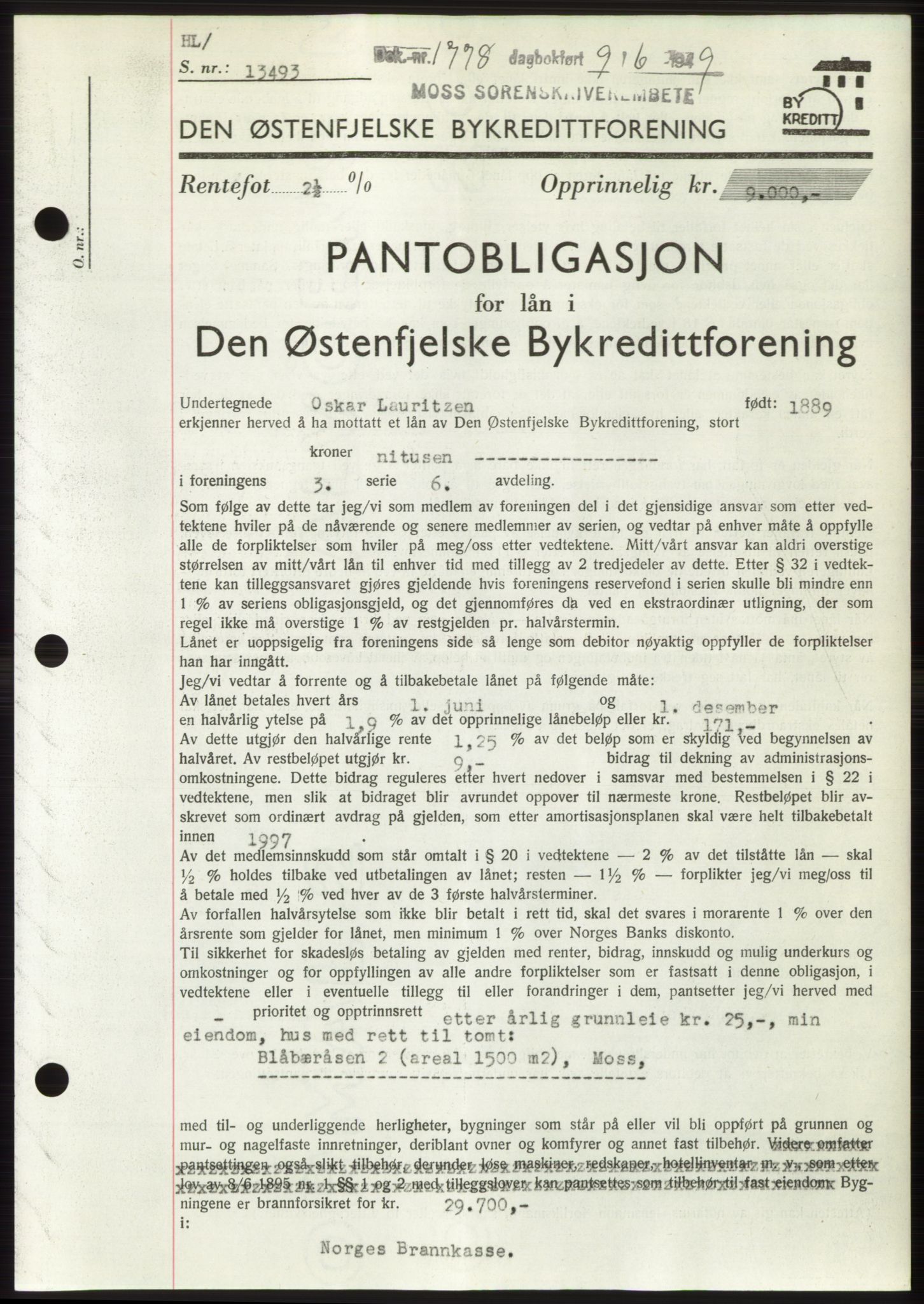 Moss sorenskriveri, SAO/A-10168: Pantebok nr. B22, 1949-1949, Dagboknr: 1778/1949