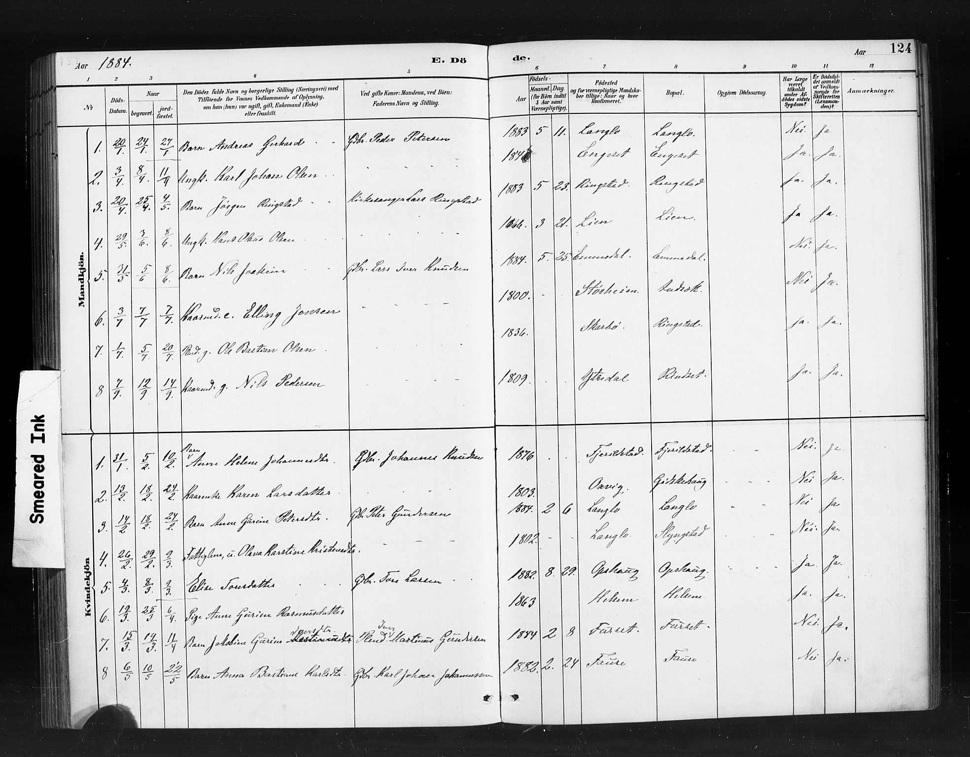 Ministerialprotokoller, klokkerbøker og fødselsregistre - Møre og Romsdal, AV/SAT-A-1454/520/L0283: Ministerialbok nr. 520A12, 1882-1898, s. 124