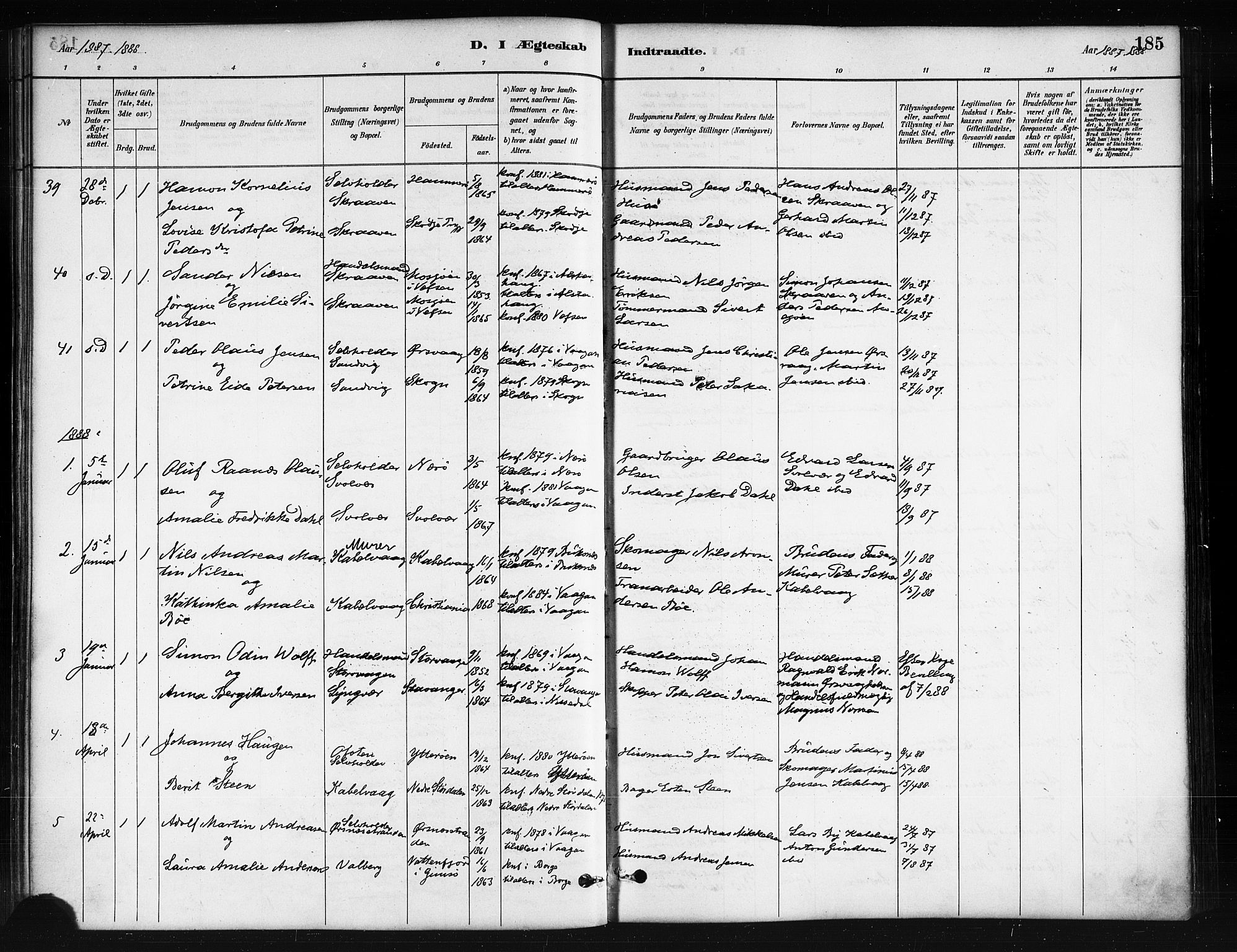 Ministerialprotokoller, klokkerbøker og fødselsregistre - Nordland, AV/SAT-A-1459/874/L1059: Ministerialbok nr. 874A03, 1884-1890, s. 185
