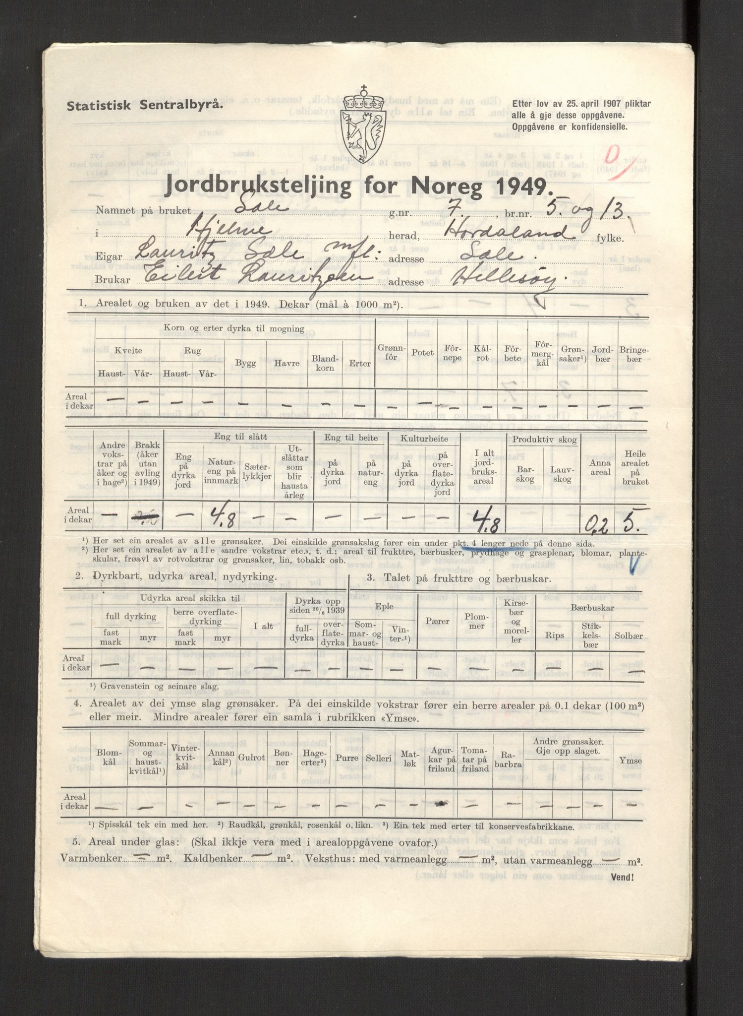 Statistisk sentralbyrå, Næringsøkonomiske emner, Jordbruk, skogbruk, jakt, fiske og fangst, AV/RA-S-2234/G/Gc/L0276: Hordaland: Herdla og Hjelme, 1949, s. 1136