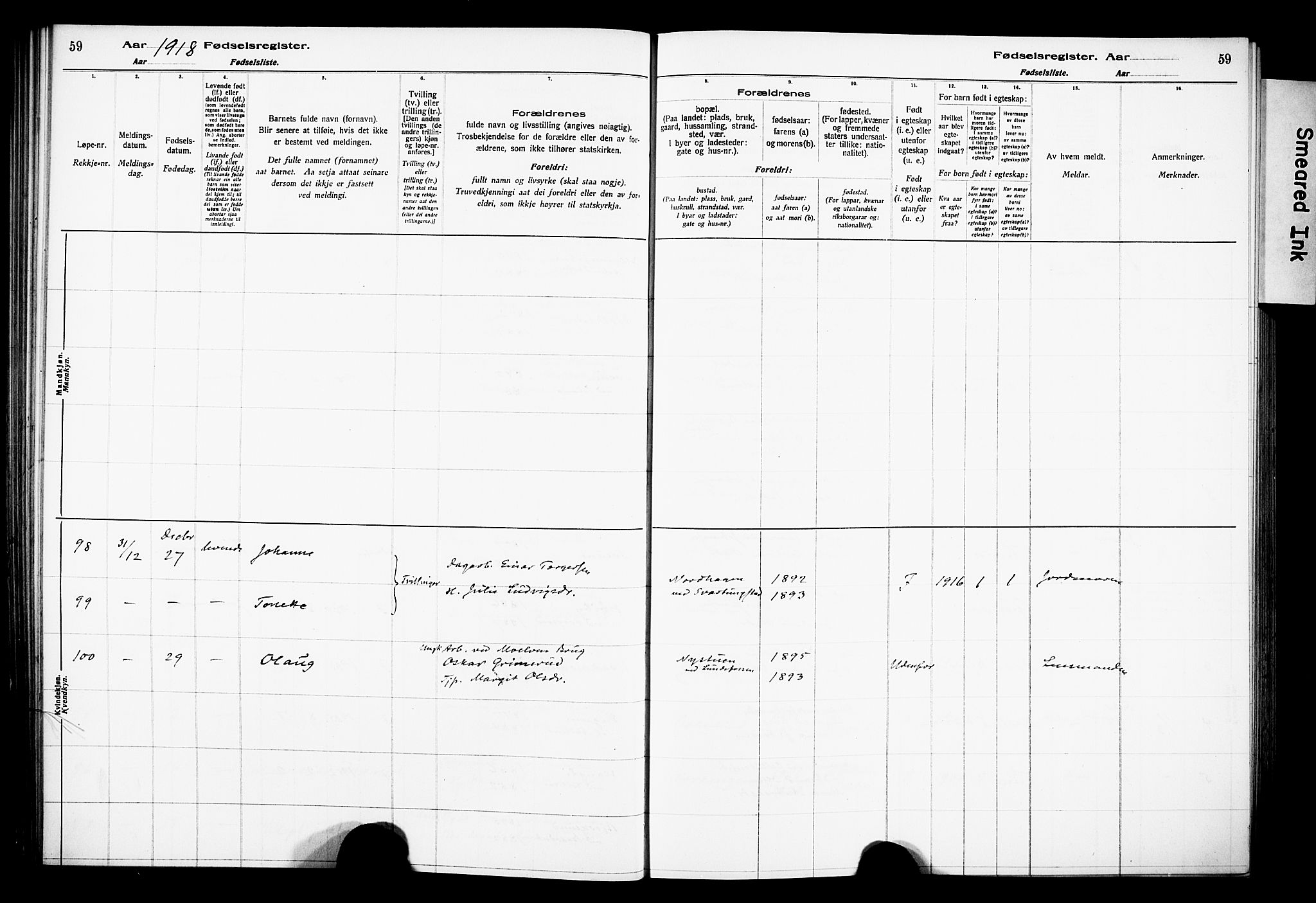 Ringsaker prestekontor, AV/SAH-PREST-014/O/Oa/L0001: Fødselsregister nr. 1, 1916-1925, s. 59