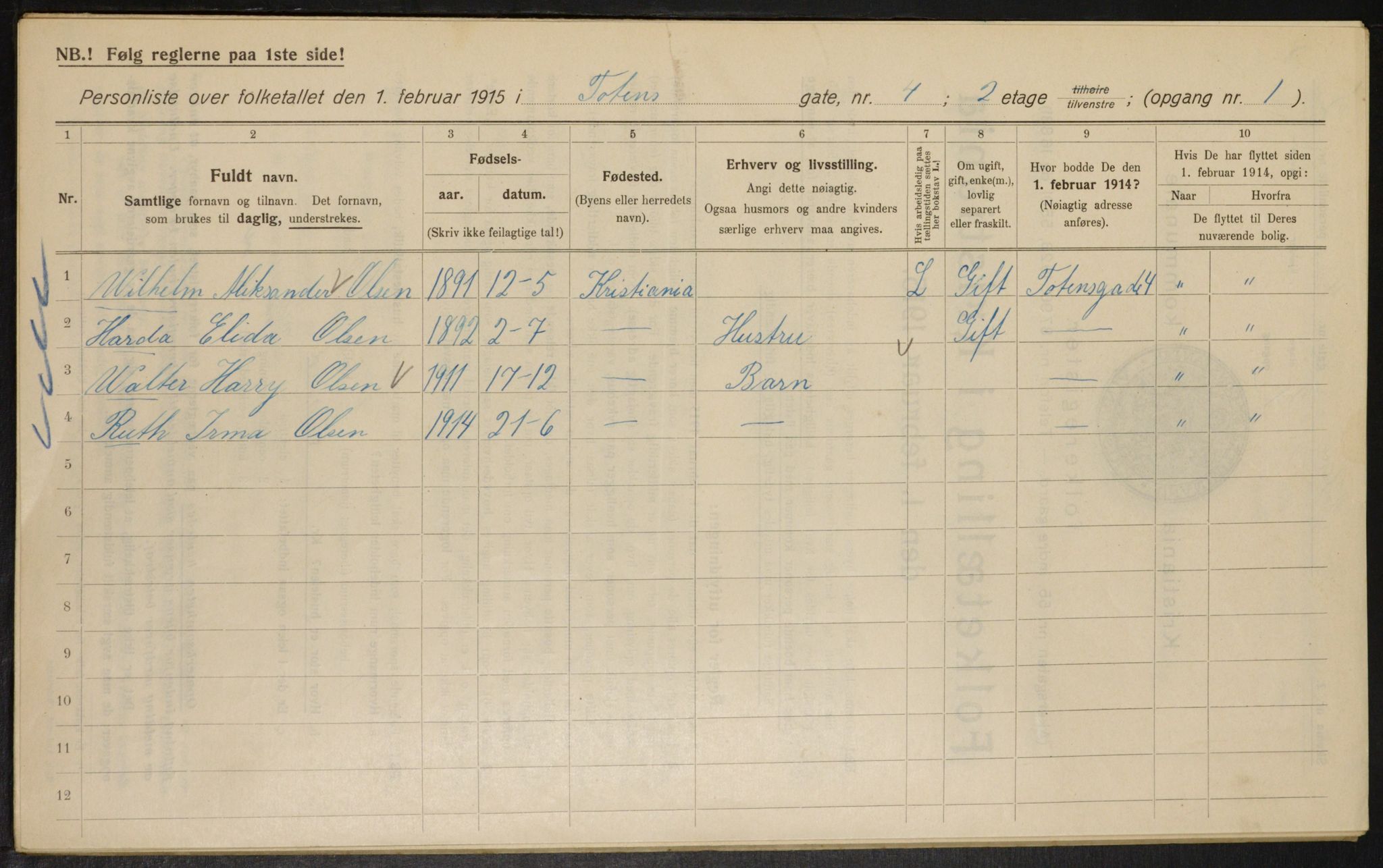 OBA, Kommunal folketelling 1.2.1915 for Kristiania, 1915, s. 115661