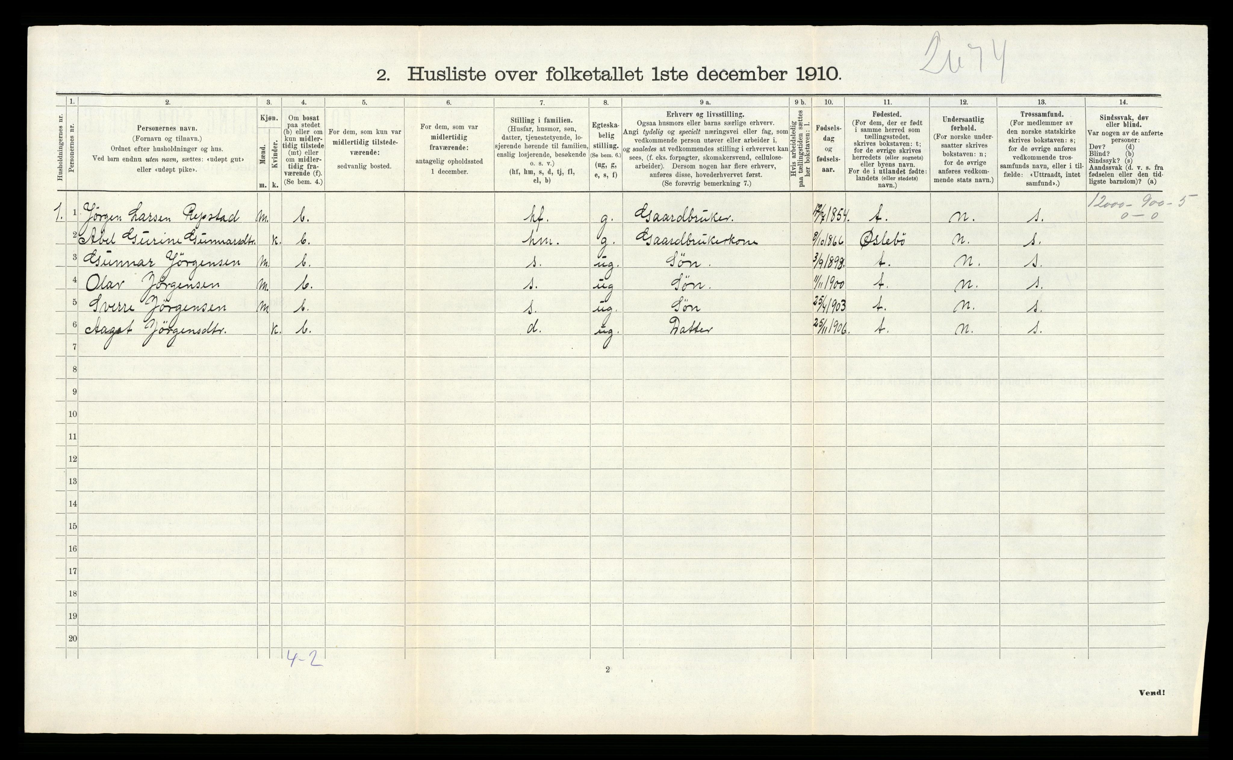 RA, Folketelling 1910 for 1018 Søgne herred, 1910, s. 1189