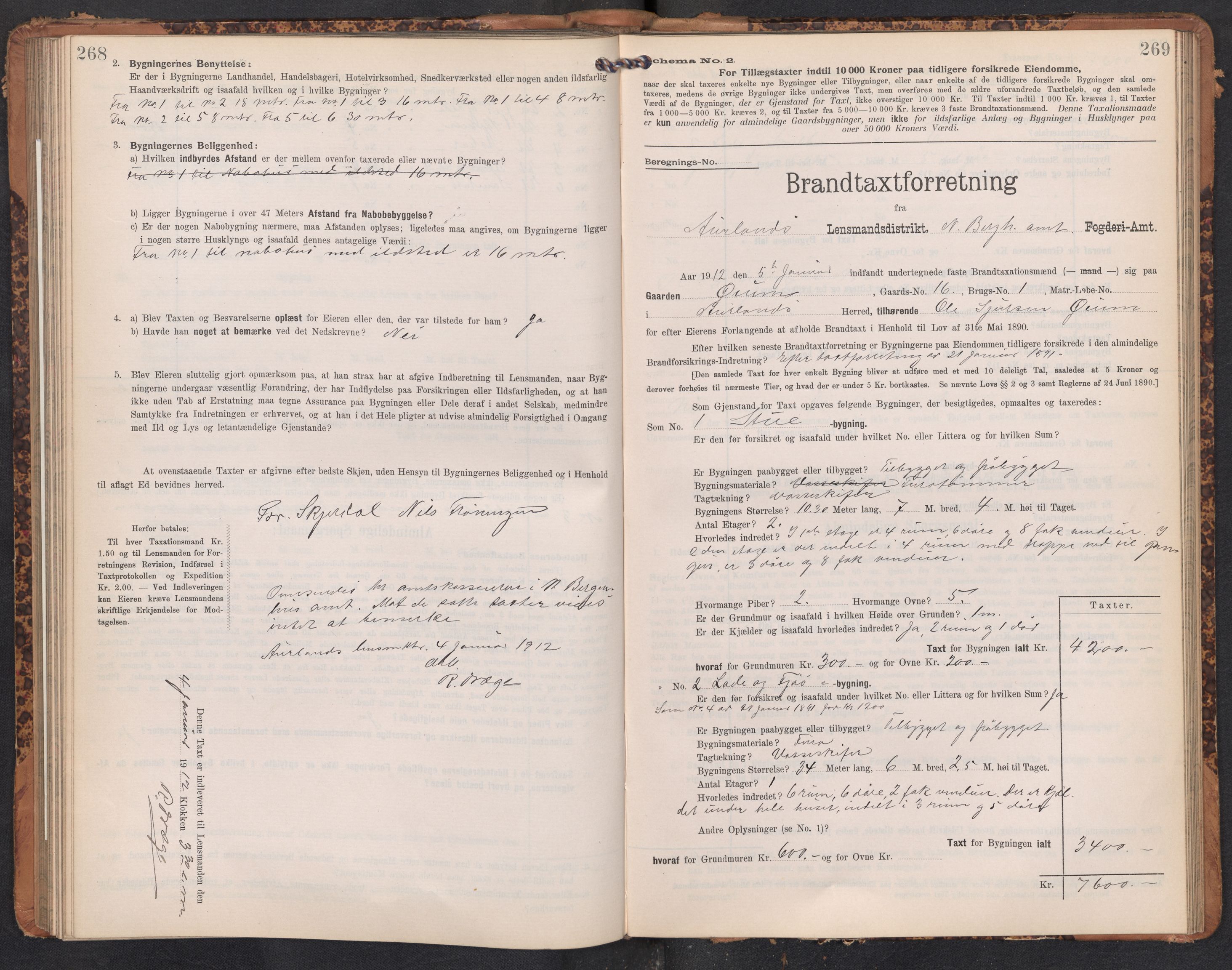 Lensmannen i Aurland, SAB/A-26401/0012/L0005: Branntakstprotokoll, skjematakst, 1909-1916, s. 268-269