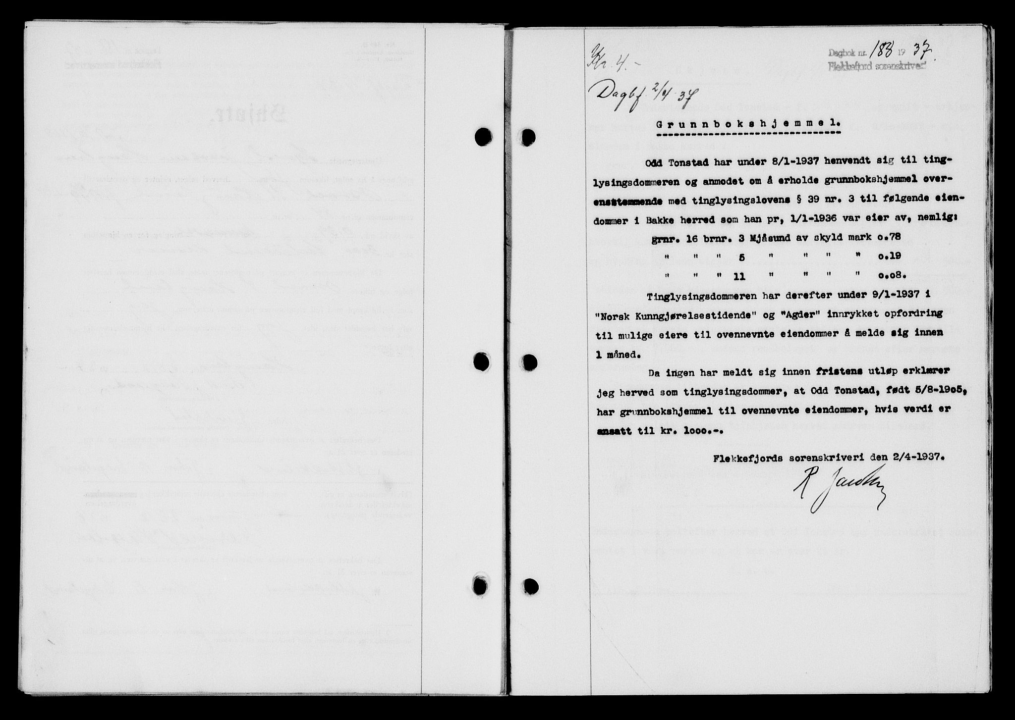 Flekkefjord sorenskriveri, SAK/1221-0001/G/Gb/Gba/L0053: Pantebok nr. A-1, 1936-1937, Dagboknr: 188/1937