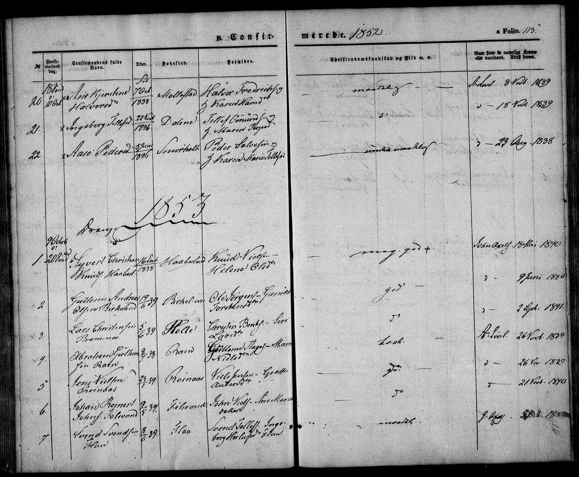 Birkenes sokneprestkontor, SAK/1111-0004/F/Fa/L0003: Ministerialbok nr. A 3, 1850-1866, s. 113