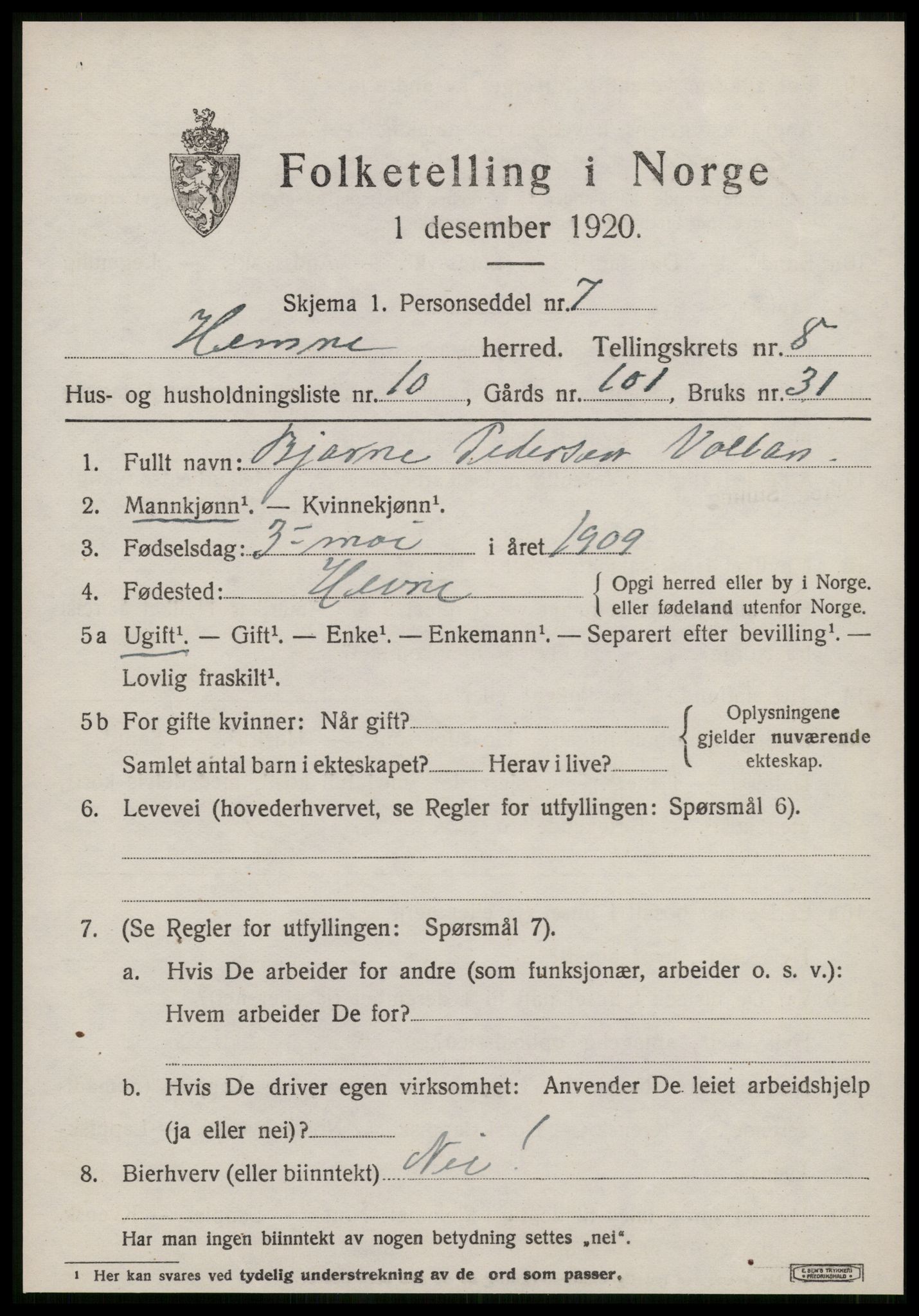 SAT, Folketelling 1920 for 1612 Hemne herred, 1920, s. 4804