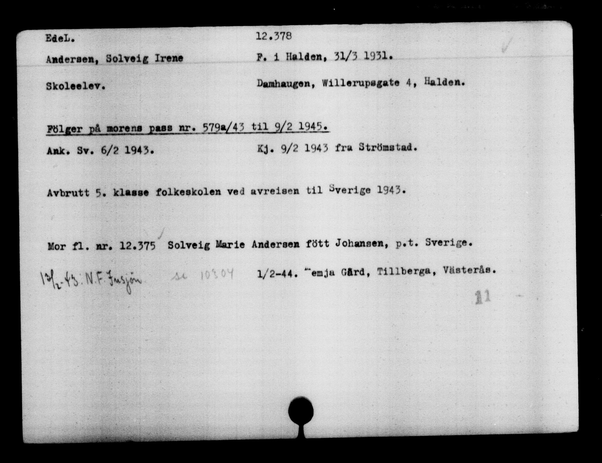 Utenriksstasjonene, Legasjonen i Stockholm, Flyktningkontoret, AV/RA-S-6753/V/Va/L0006: Kjesäterkartoteket, flyktninger med registreringsnr. 9400-12711, 1940-1945, s. 3399