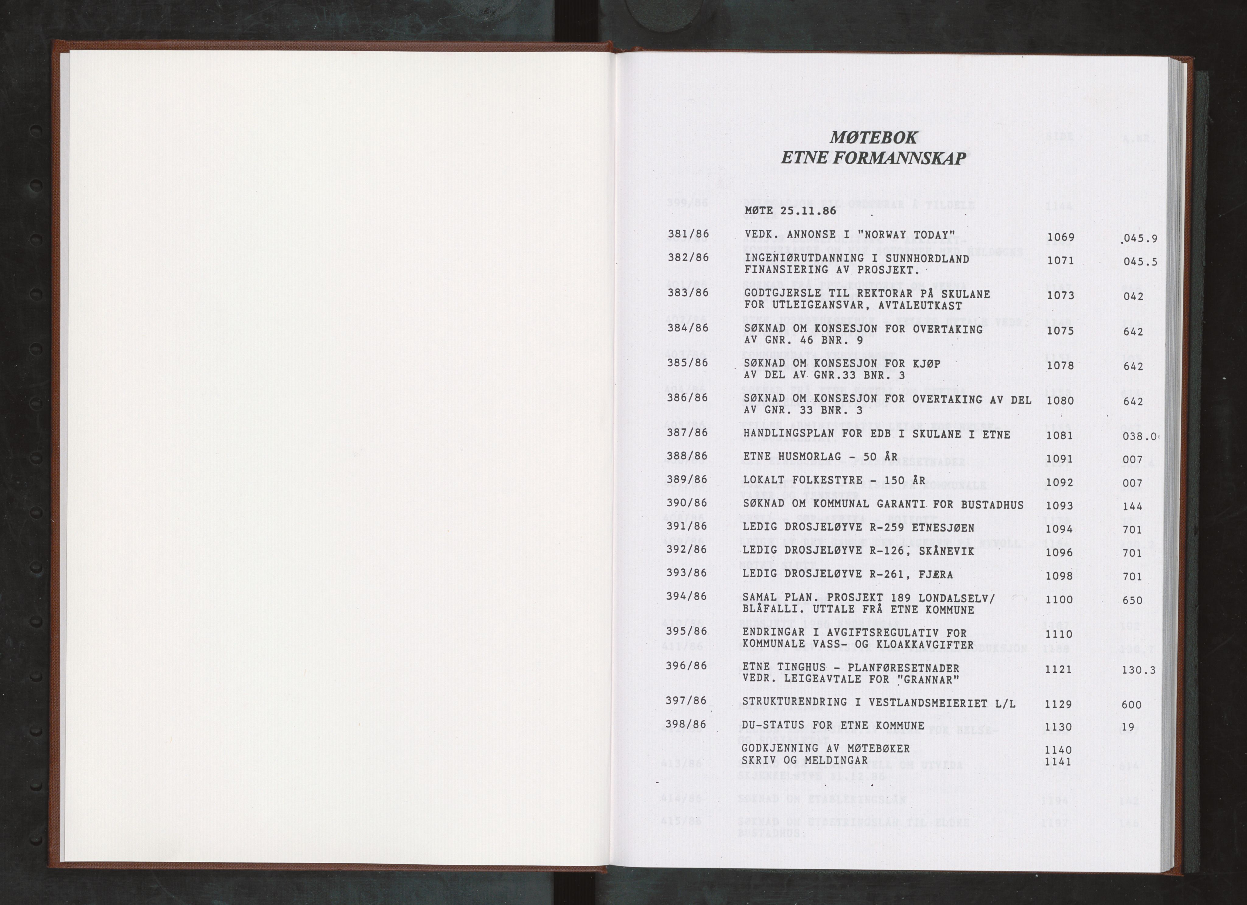 Etne kommune. Formannskapet, IKAH/1211-021/A/Aa/L0050: Møtebok for formannskapet, 1986